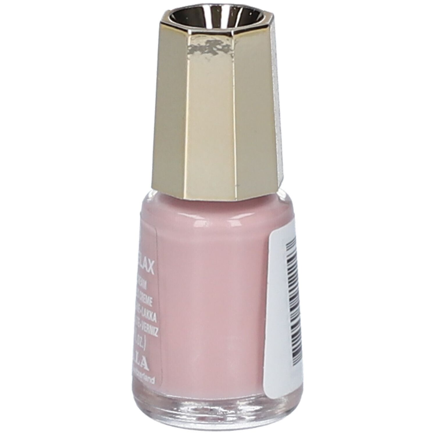Eine Flasche hellrosa Nagellack mit einem achteckigen, goldfarbenen Deckel.