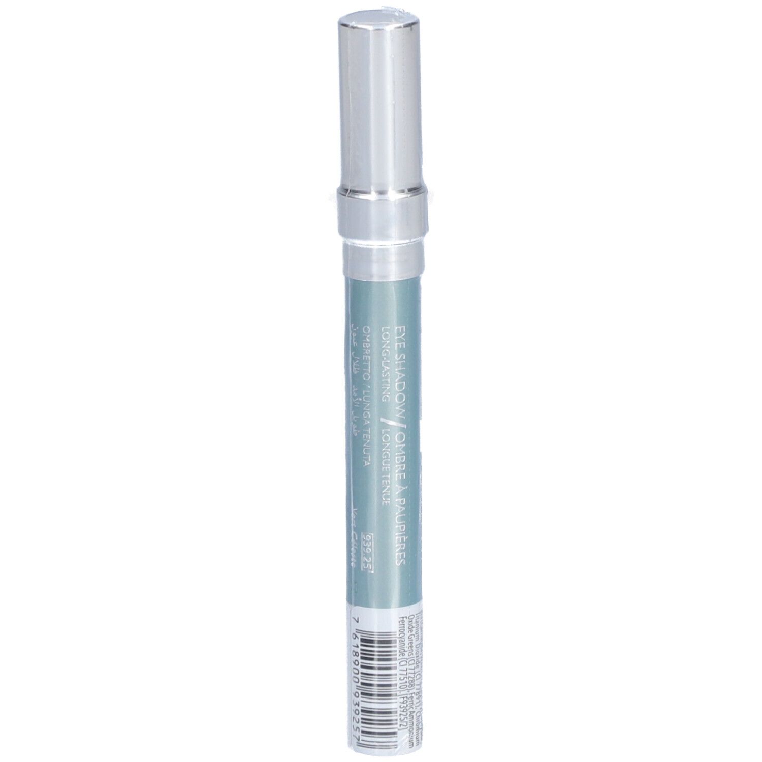 Hellgrüner, wasserfester Lidschattenstift mit silberner Kappe. Aufschrift: Crayon Lumière Waterproof. Details auf dem Stift.