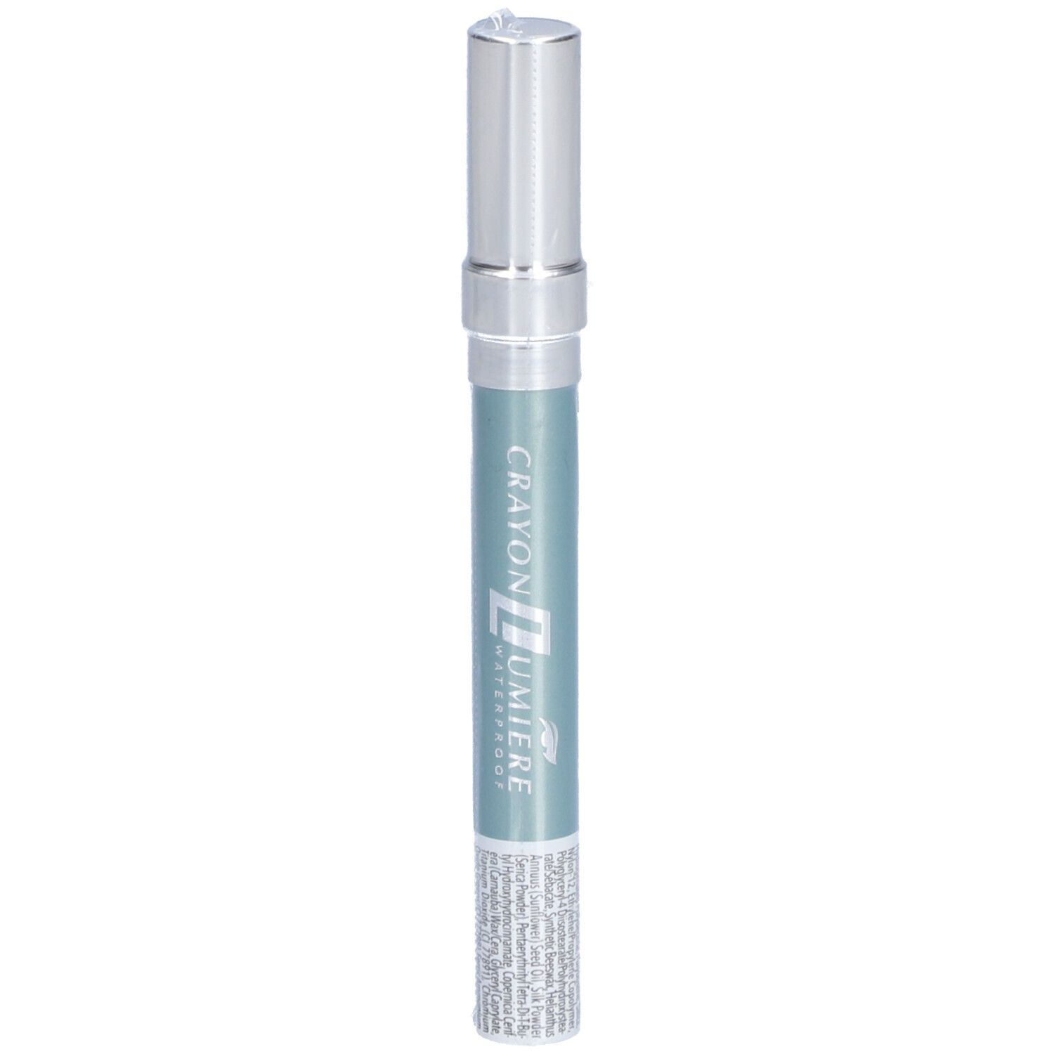 Hellgrüner, wasserfester Lidschattenstift mit silberner Kappe. Aufschrift: Crayon Lumière Waterproof.