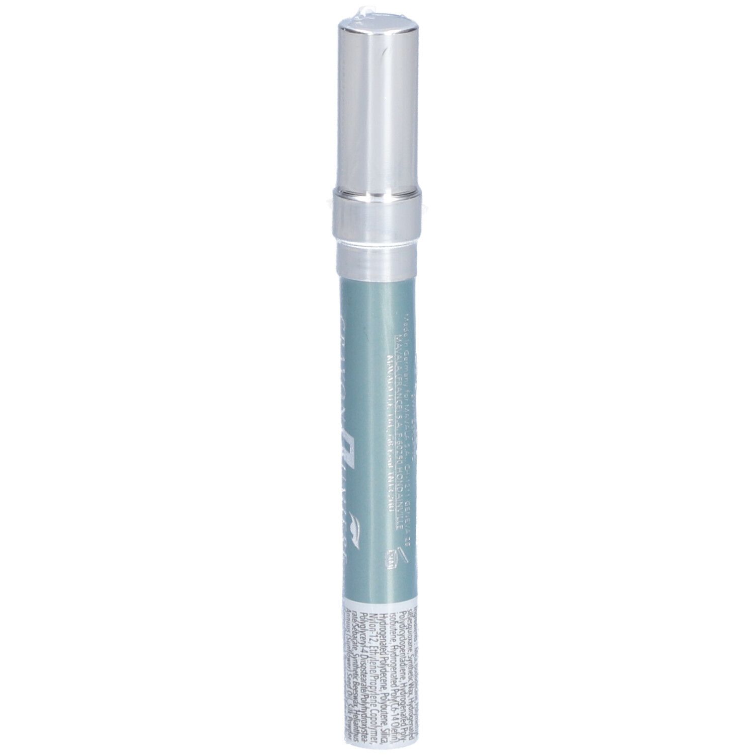 Hellgrüner, wasserfester Lidschattenstift mit silberner Kappe. Details auf dem Stift.