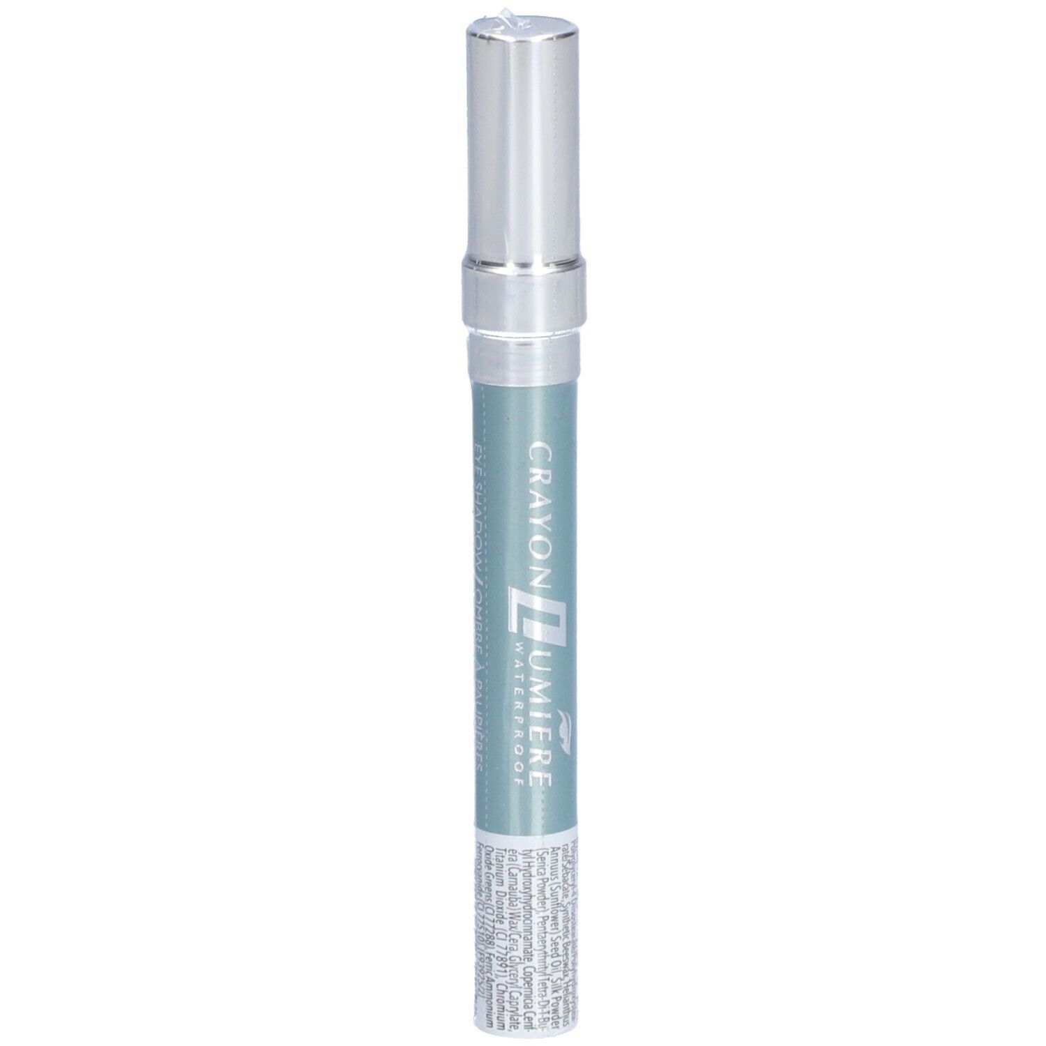 Hellgrüner, wasserfester Lidschattenstift mit silberner Kappe. Aufschrift: Crayon Lumière Waterproof.