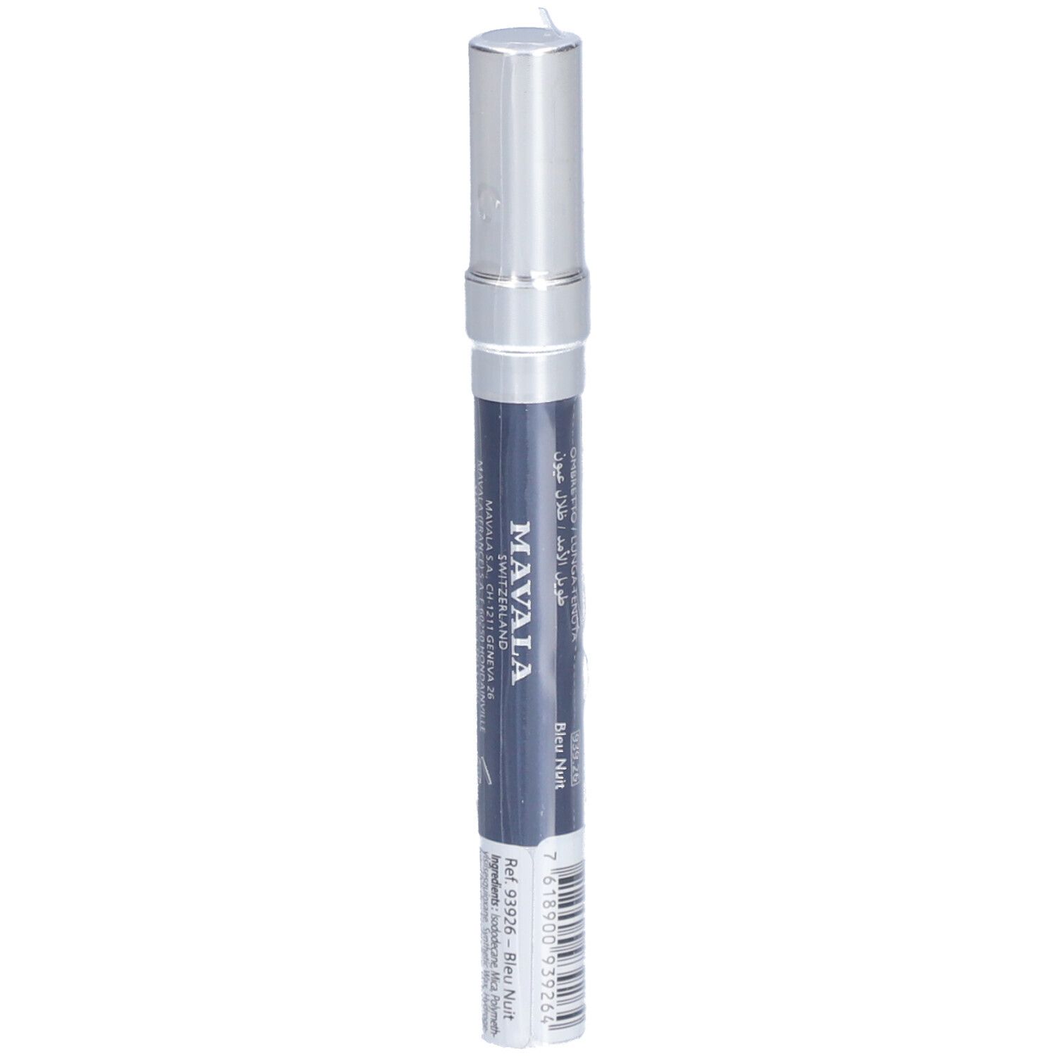 Crayon pour les yeux bleu avec capuchon argenté. Inscription: MAVALA. Couleur: Noir Nuit.