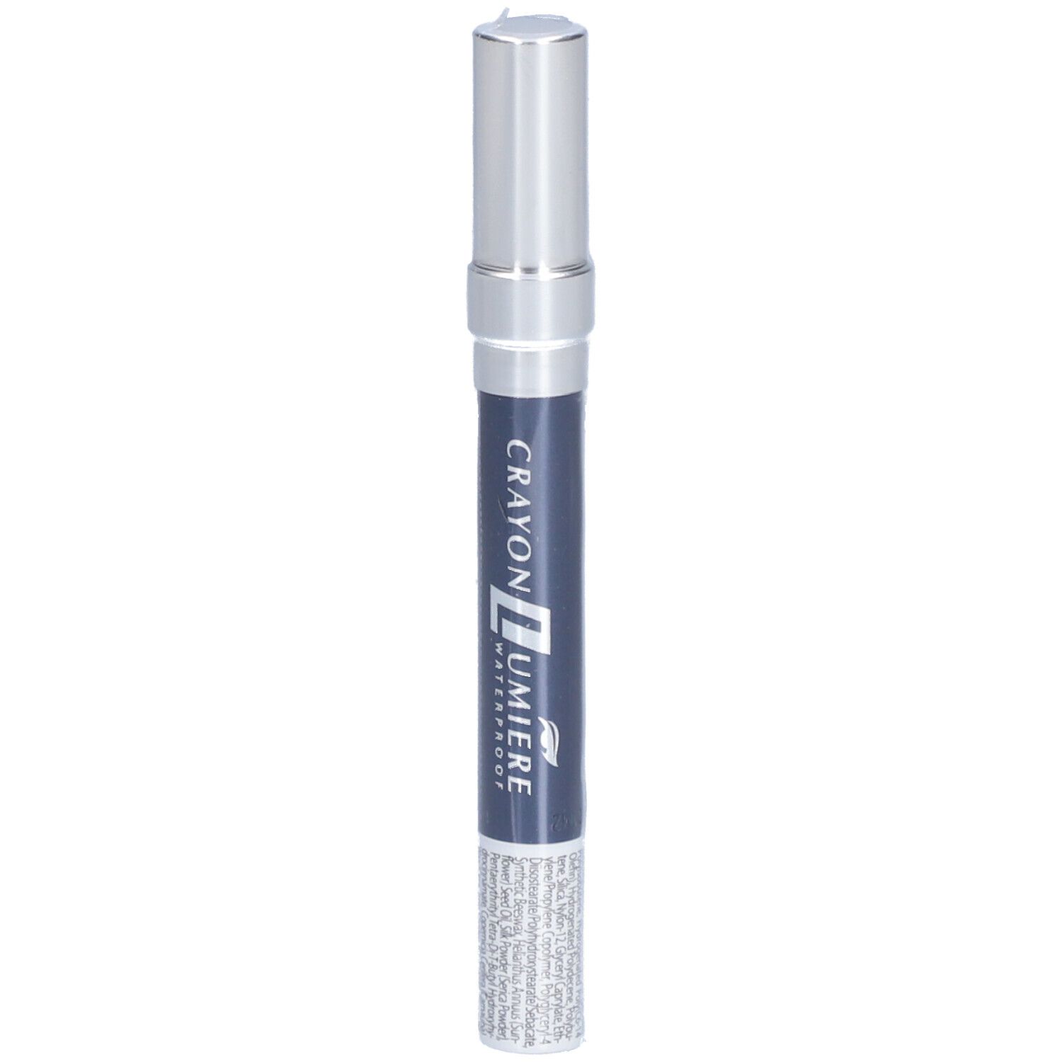 Crayon pour les yeux bleu avec capuchon argenté. Inscription: Crayon Lumière Waterproof.