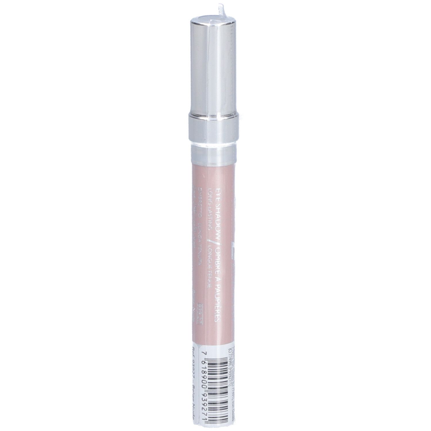 Lippenstift in Beige Nude. Silberfarbener Deckel, rosa Stift. Barcode und Schriftzug.
