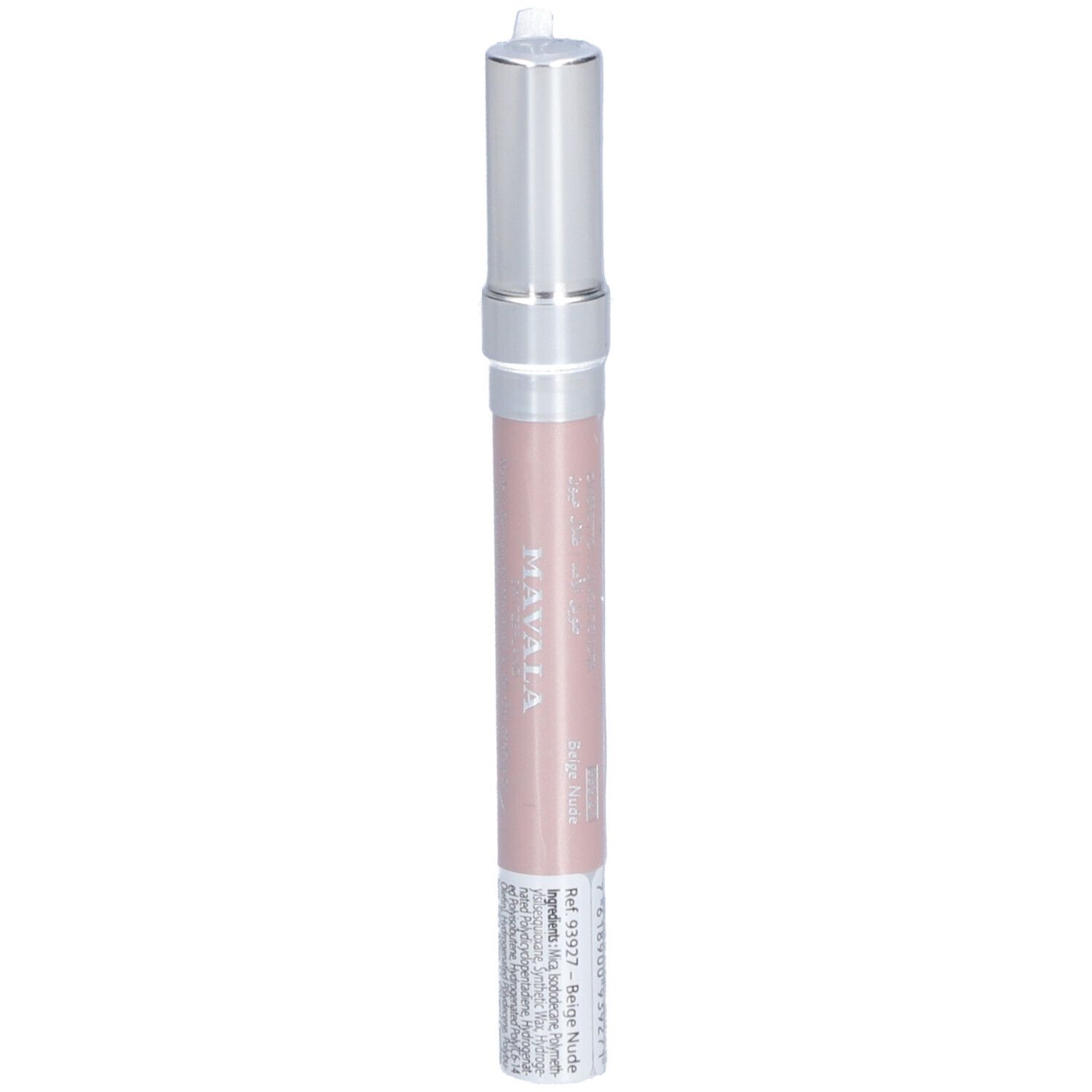 Lippenstift in Beige Nude. Silberfarbener Deckel, rosa Stift. Schriftzug: MAVALA, Beige Nude.
