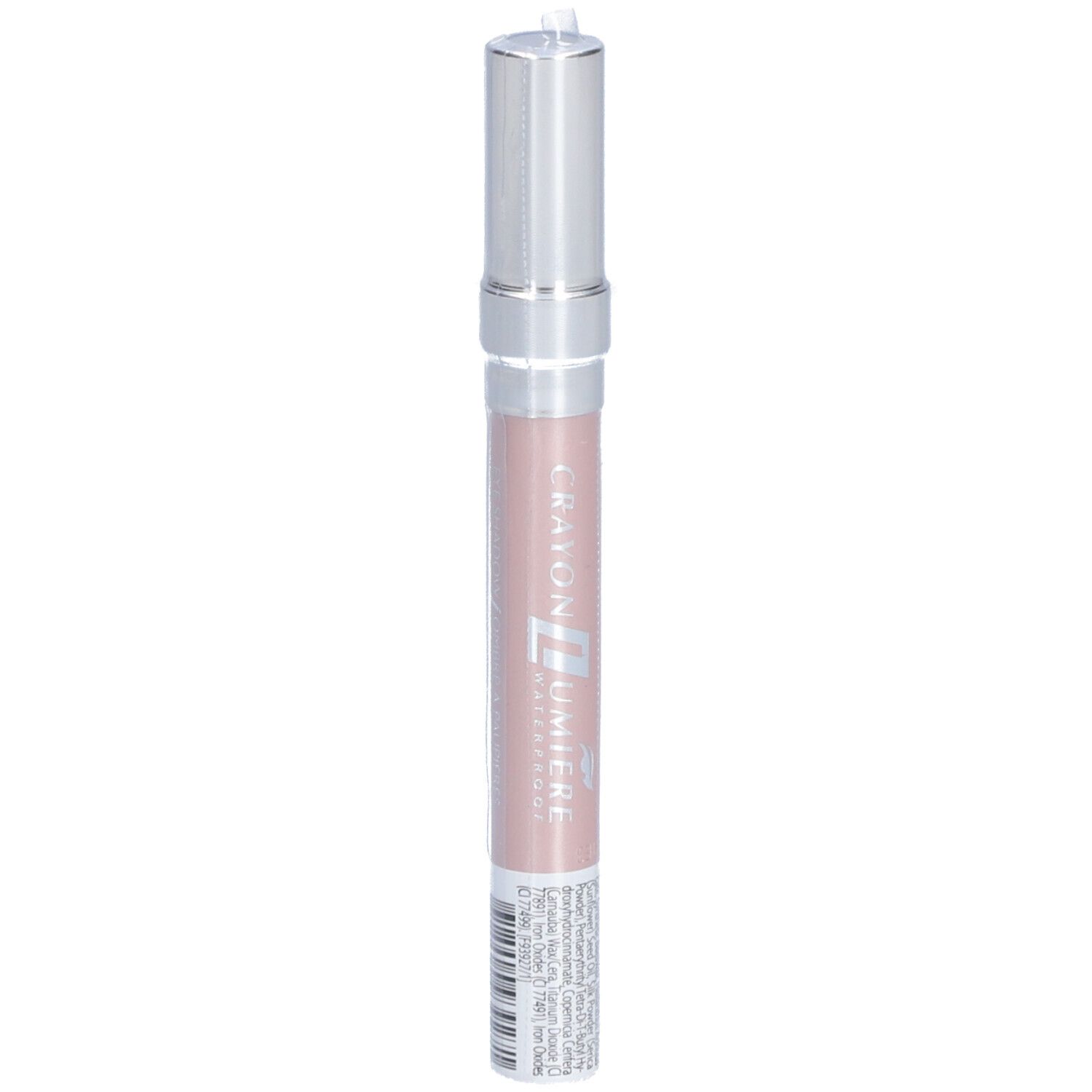 Lippenstift in Beige Nude. Silberfarbener Deckel, rosa Stift. Schriftzug: Crayon Lumière Waterproof.