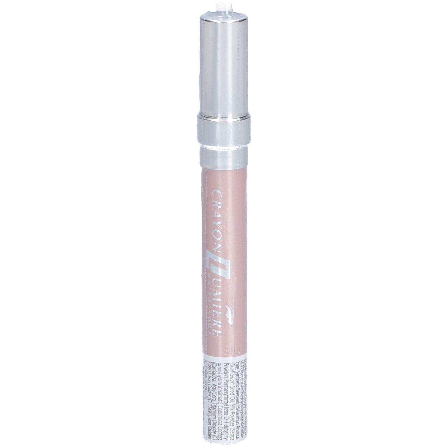 Lippenstift in Beige Nude. Silberfarbener Deckel, rosa Stift. Unterer Teil mit Glitzer.