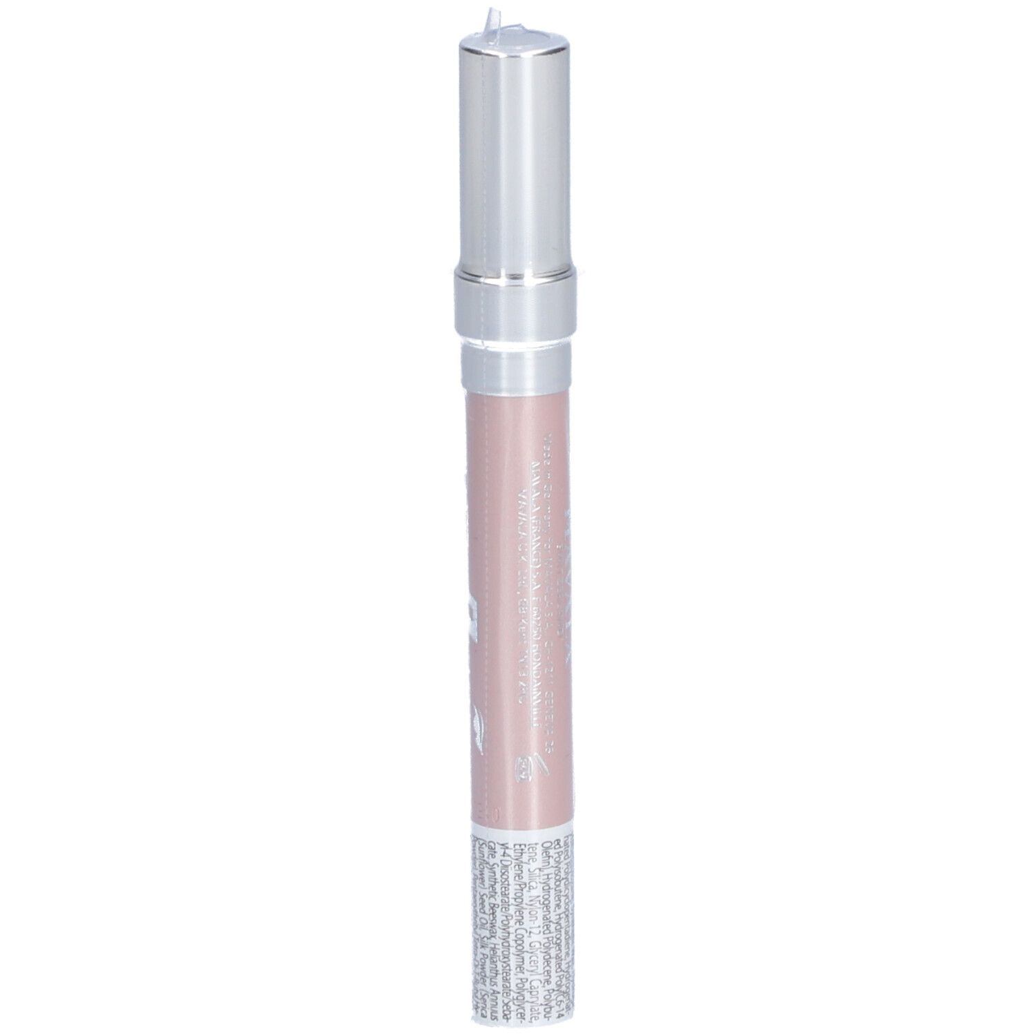Lippenstift in Beige Nude. Silberfarbener Deckel, rosa Stift. Unterer Teil mit Glitzer.