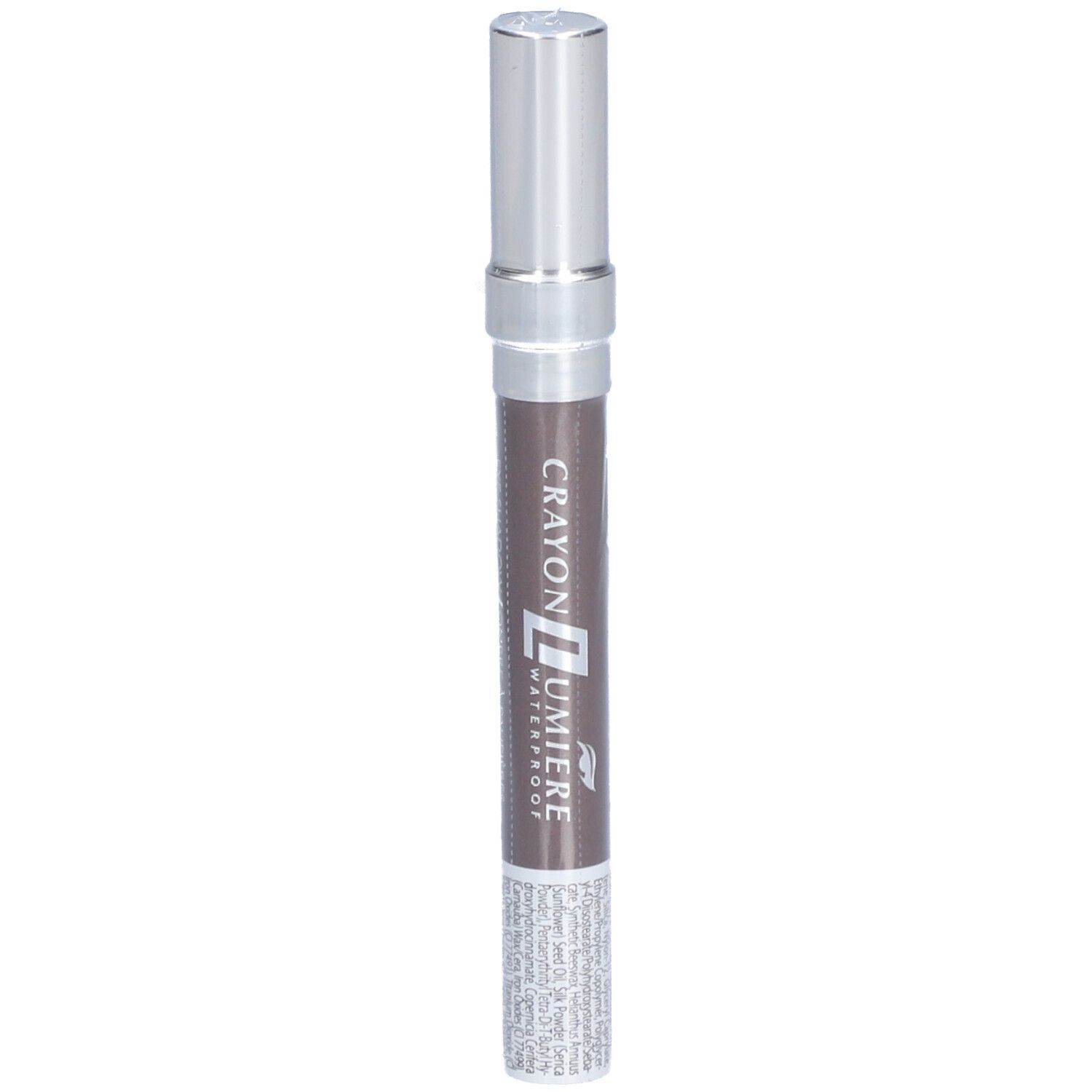 Crayon Lumière Waterproof, capuchon argenté, crayon marron.