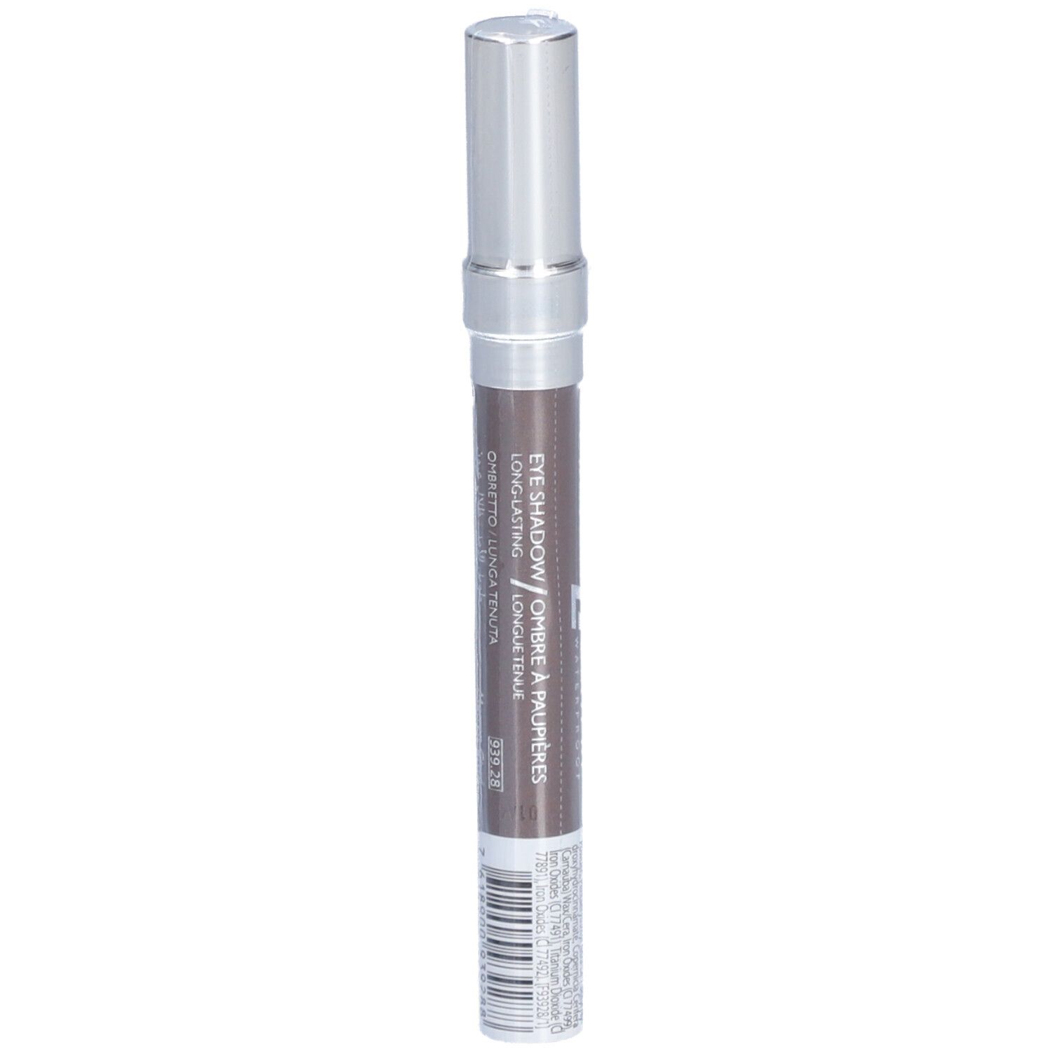Crayon ombre à paupières, capuchon argenté, crayon marron, texte: Eyeshadow.