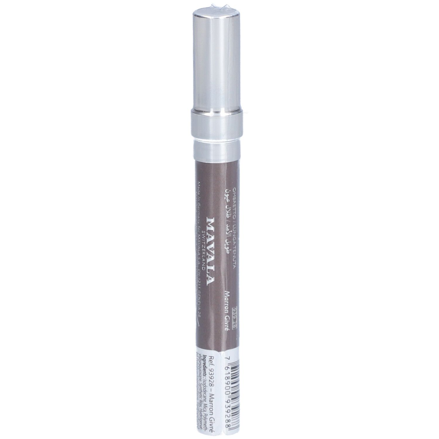 Crayon à lèvres, capuchon argenté, crayon marron, texte: Mavala Marine Care.