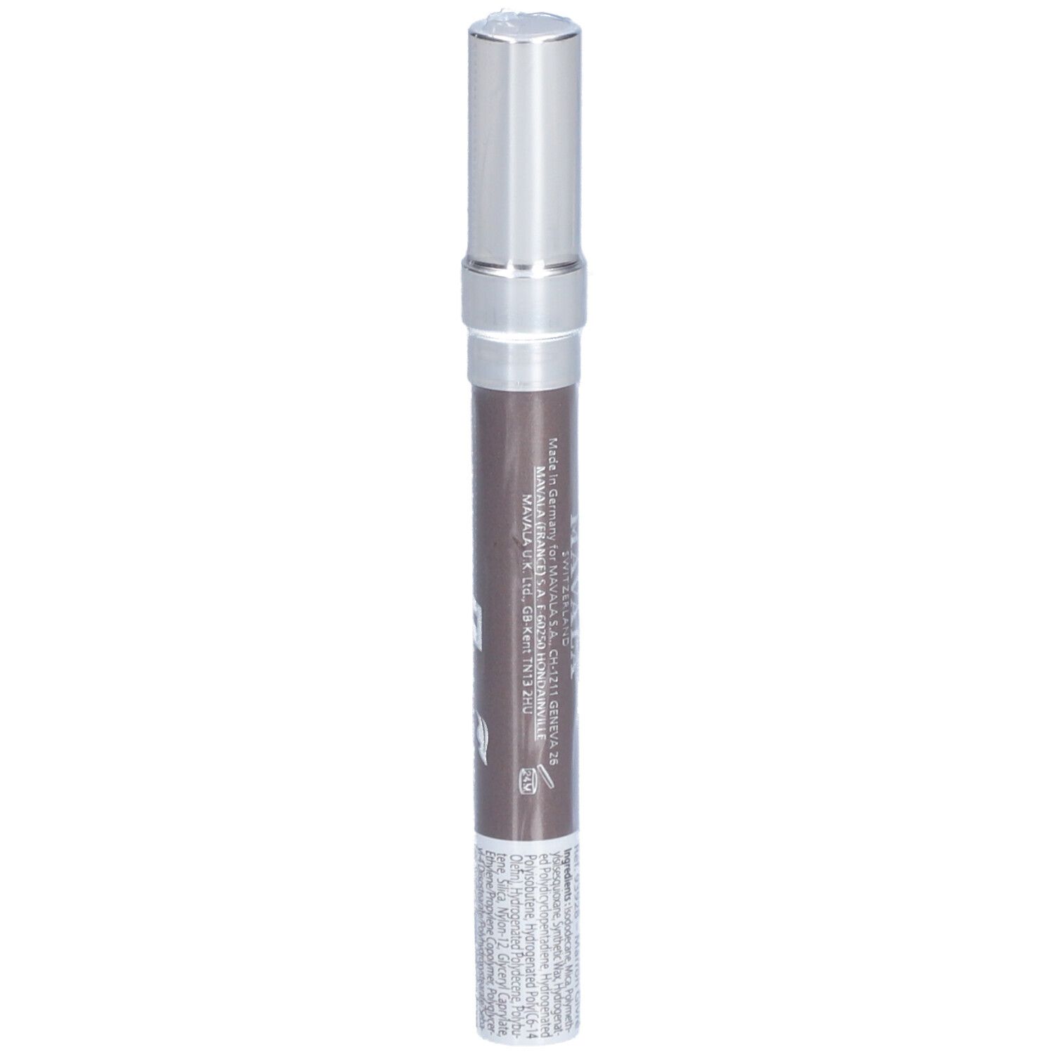 Crayon à lèvres, capuchon argenté, crayon marron, texte et code-barres.