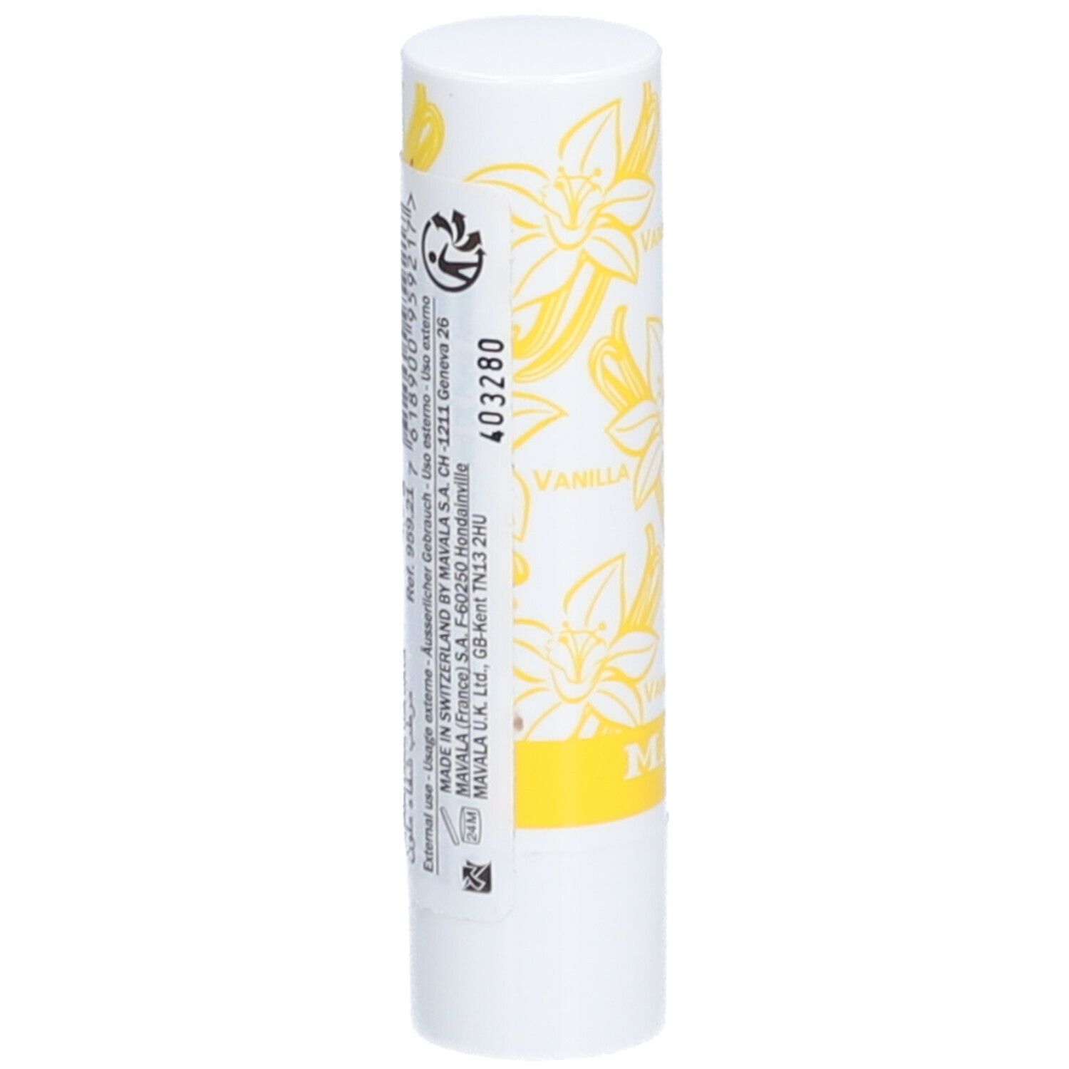 Weißer Lippenbalsam-Stift mit gelbem Vanilla-Muster. Text: Vanilla, 403280, und Herstellerinformationen.