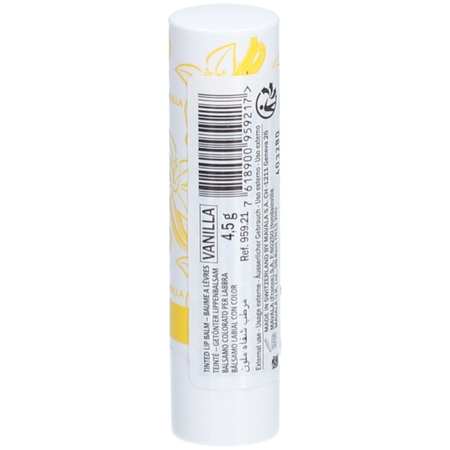 Weißer Lippenbalsam-Stift mit gelbem Vanilla-Muster. Text: Vanilla, 4,5g, Barcode und Herstellerinformationen.