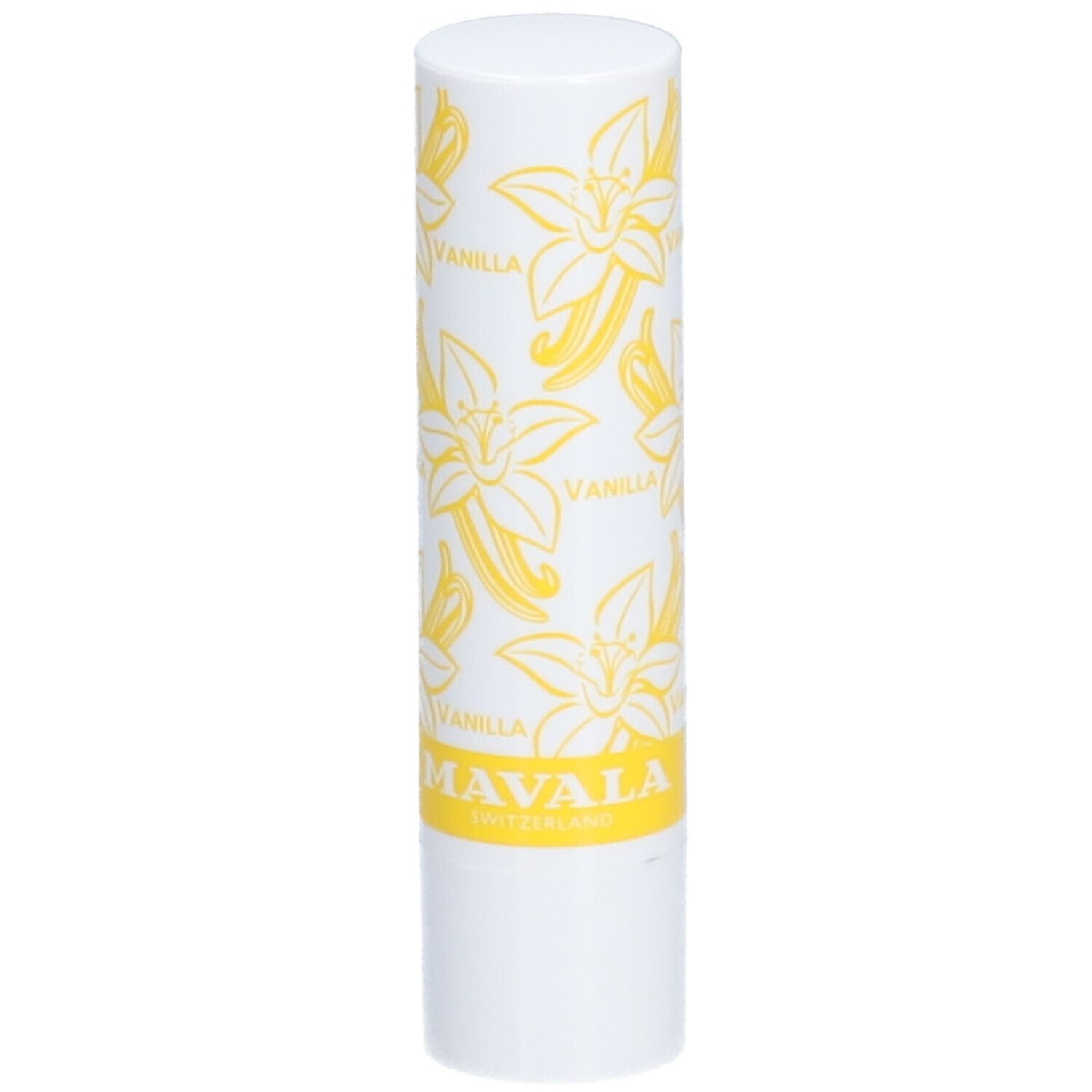 Weißer Lippenbalsam-Stift mit gelbem Vanilla-Muster und Schriftzug. Marke: MAVALA.