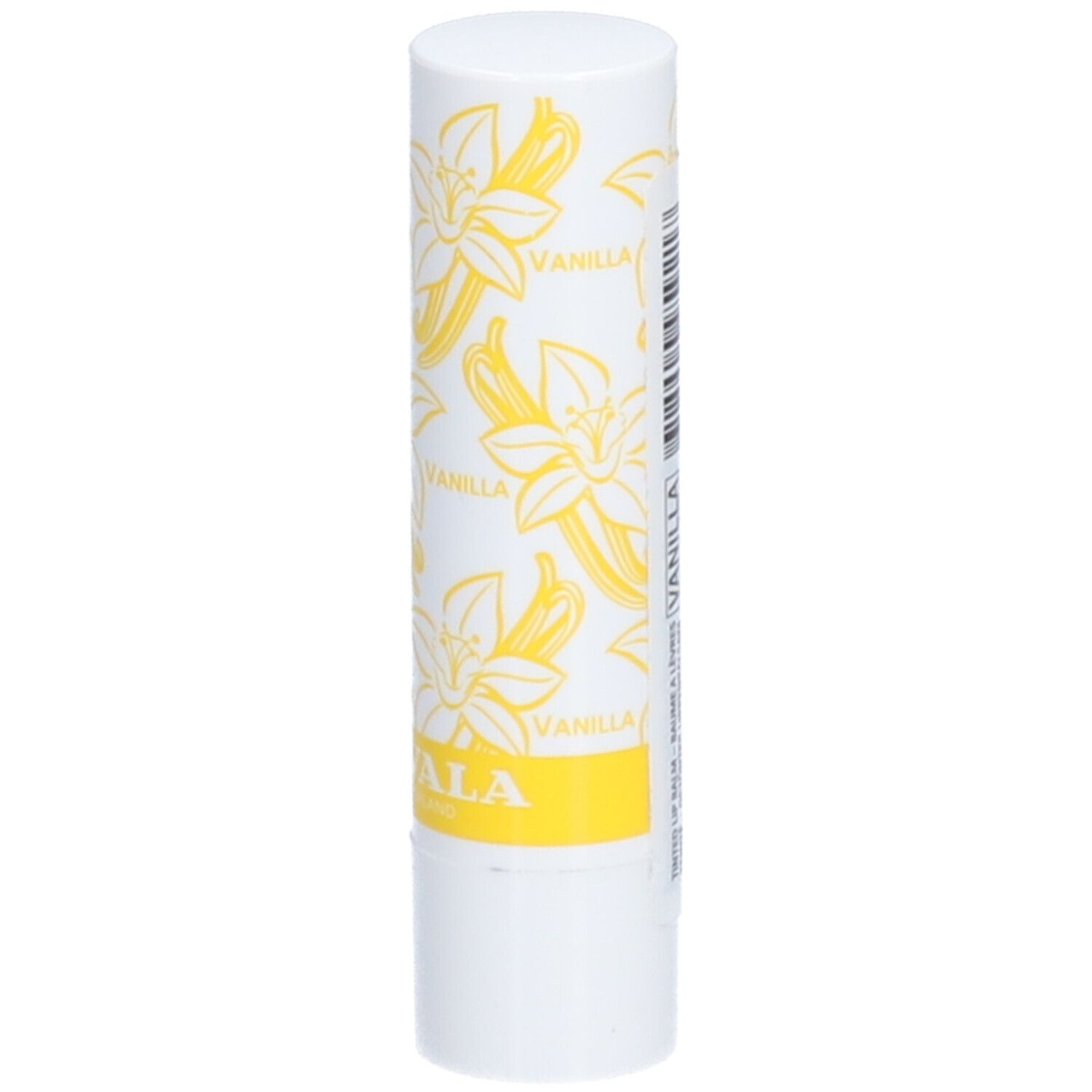 Weißer Lippenbalsam-Stift mit gelbem Vanilla-Muster und Schriftzug. Marke: MAVALA.