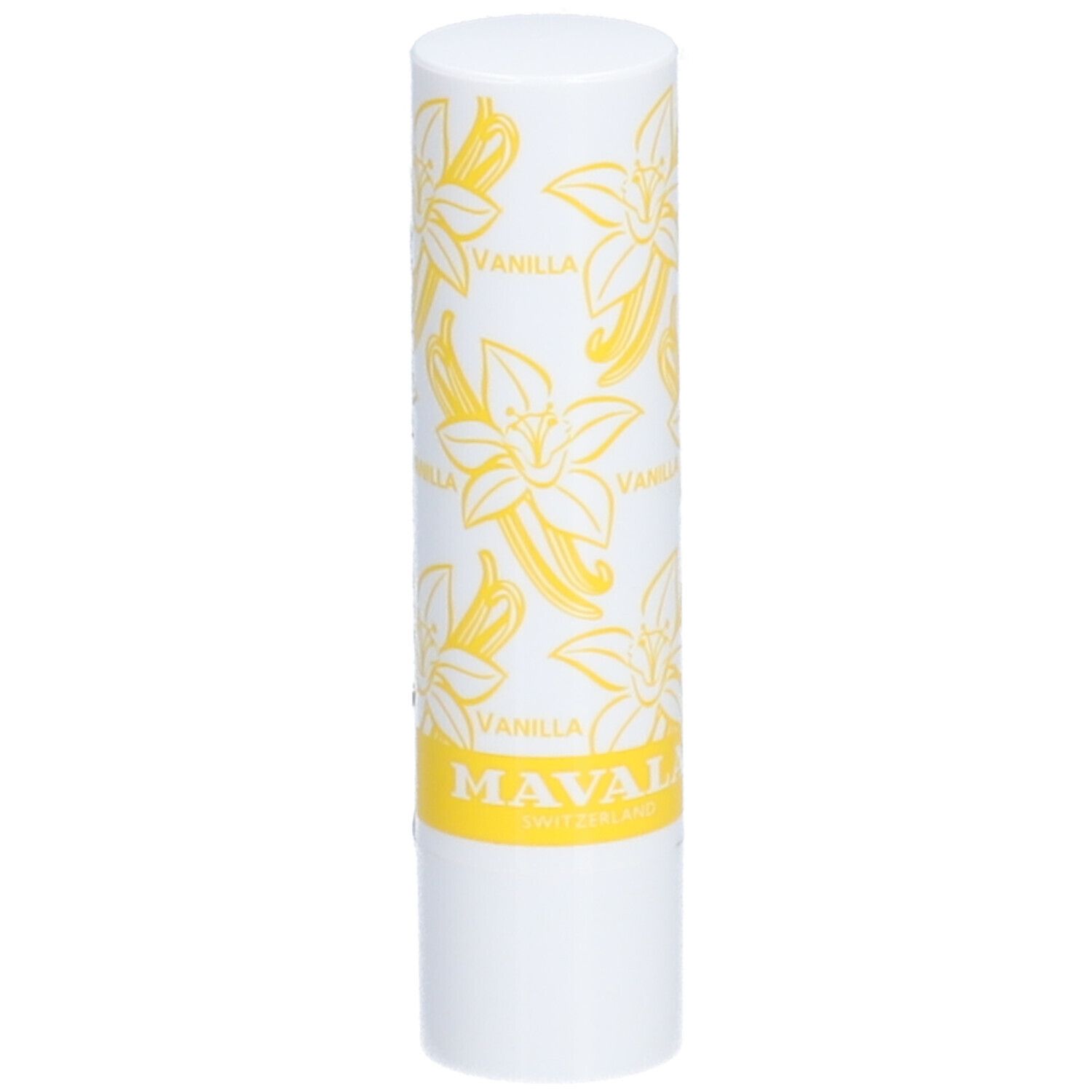 Weißer Lippenbalsam-Stift mit gelbem Vanilla-Muster und Schriftzug. Marke: MAVALA.