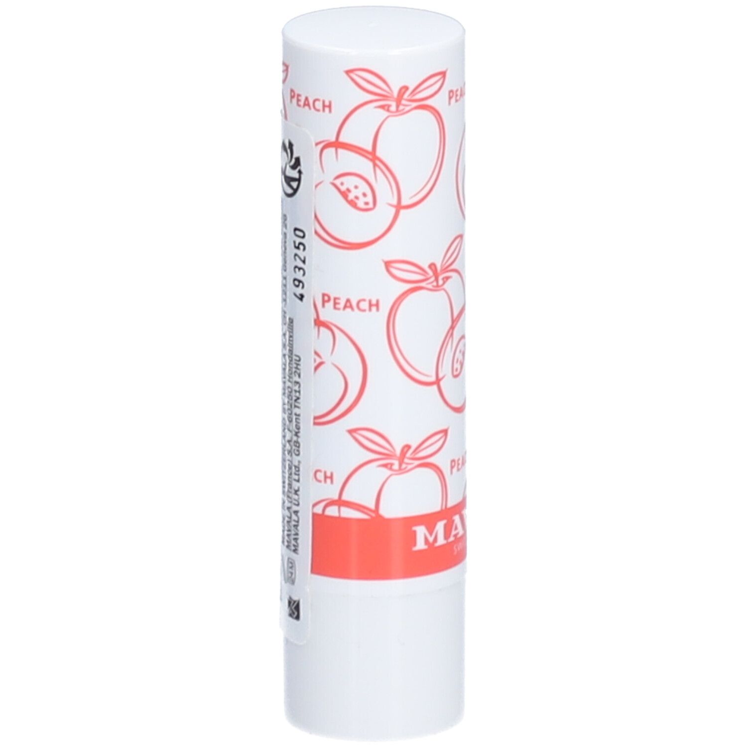 Weißer Lippenbalsam-Stift mit Pfirsich-Motiv. Aufschrift: PEACH. Etikett mit Text und Barcode.