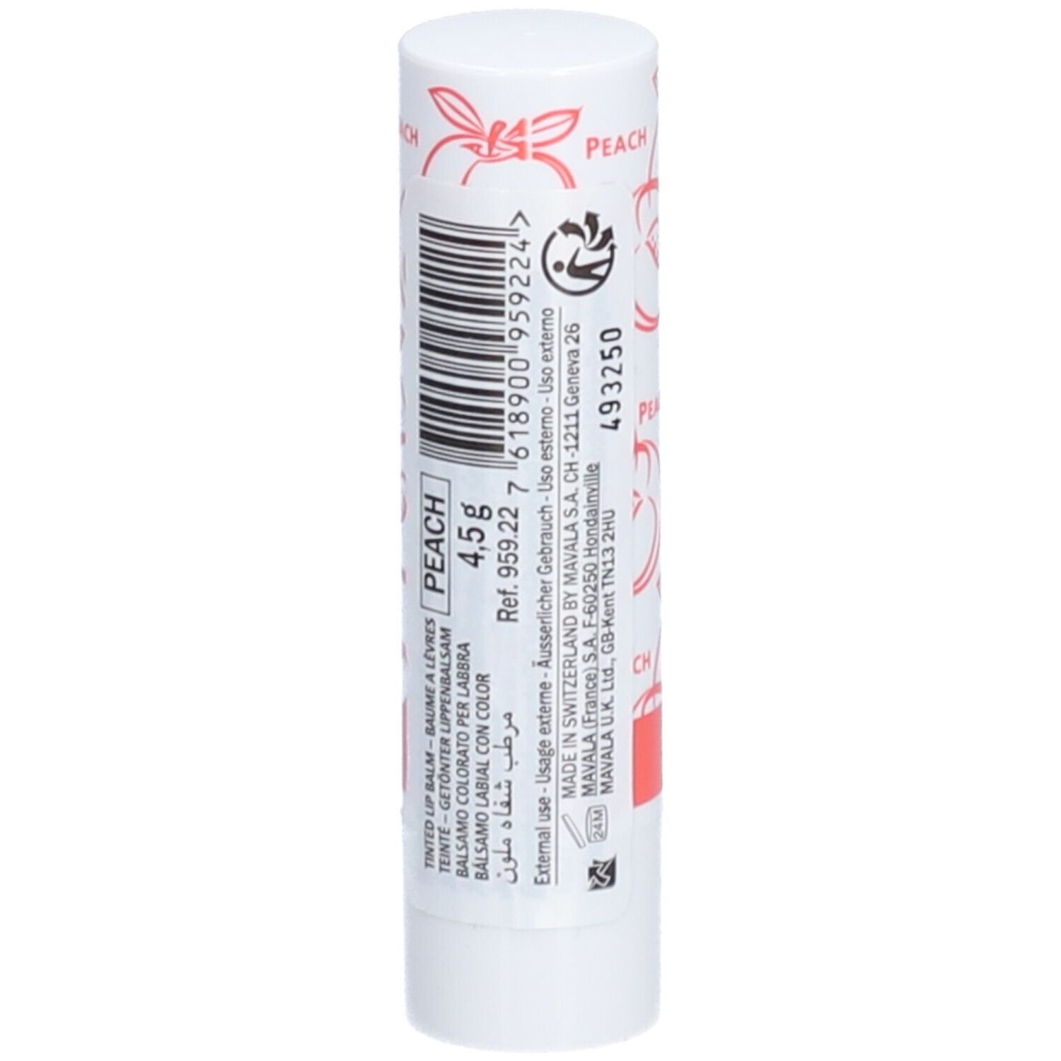 Weißer Lippenbalsam-Stift mit Pfirsich-Motiv. Aufschrift: PEACH. Etikett mit Text, Barcode und 4,5g.
