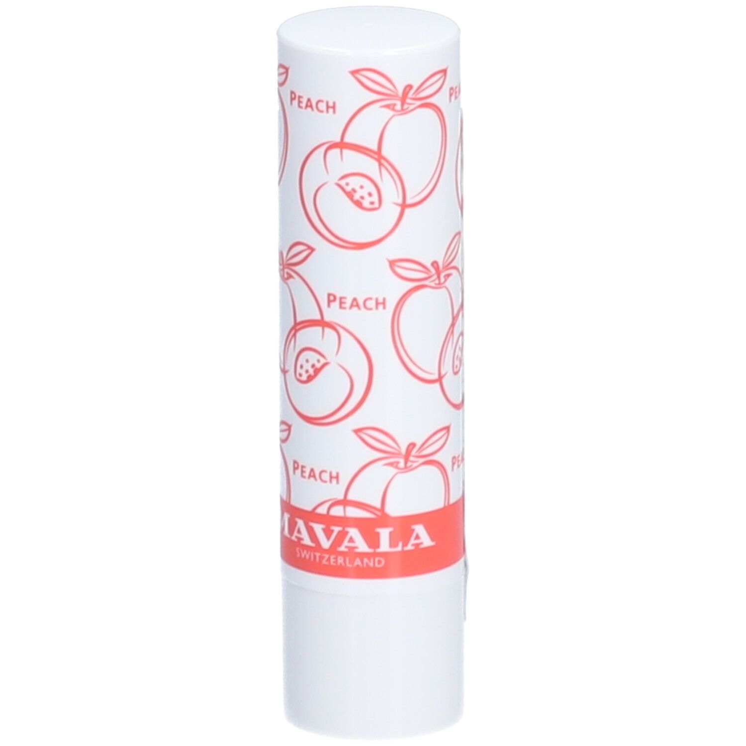 Weißer Lippenbalsam-Stift mit Pfirsich-Motiv und roter Schrift. Aufschrift: PEACH, MAVALA SWITZERLAND.