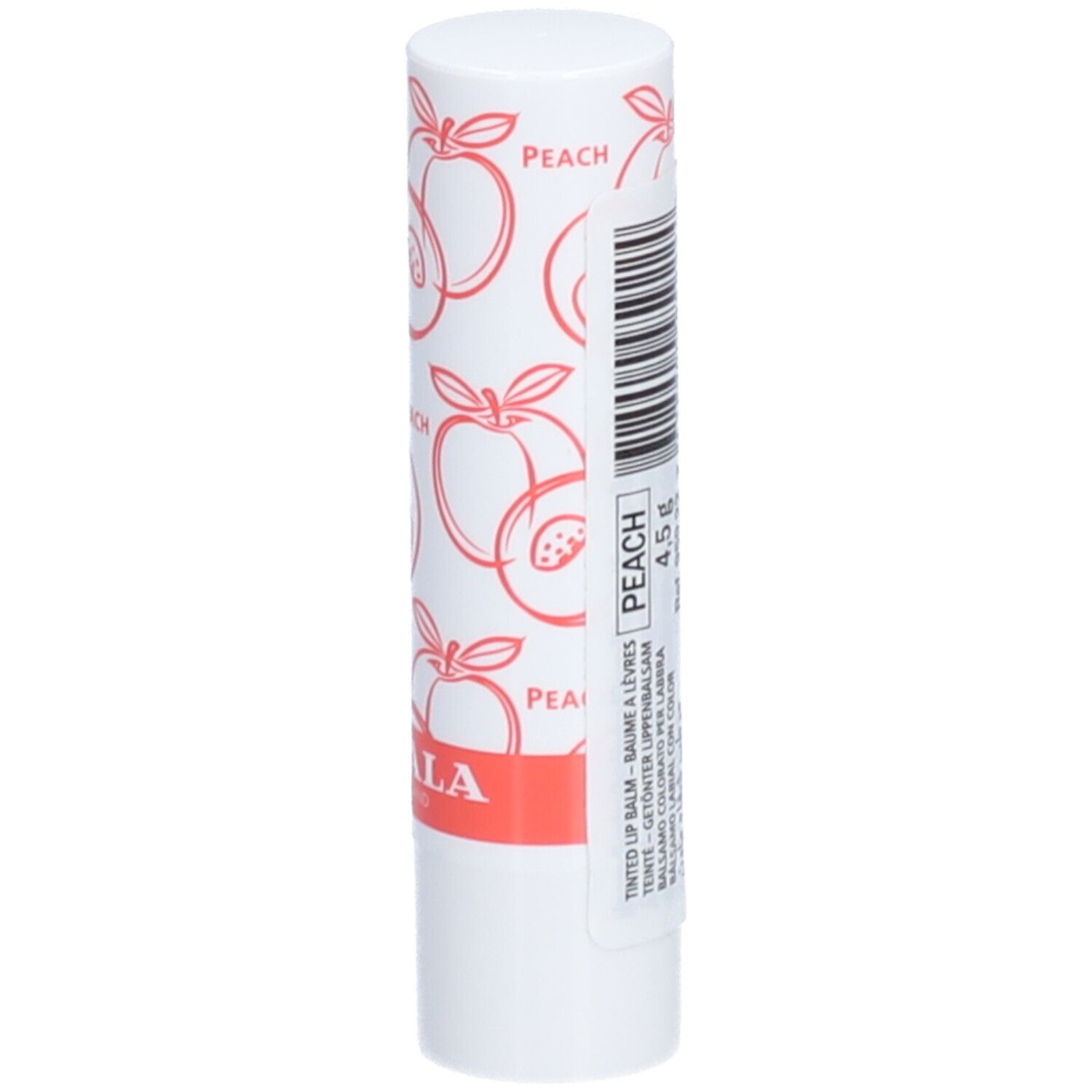 Weißer Lippenbalsam-Stift mit Pfirsich-Motiv. Aufschrift: PEACH. Etikett mit Text und 4,5g.