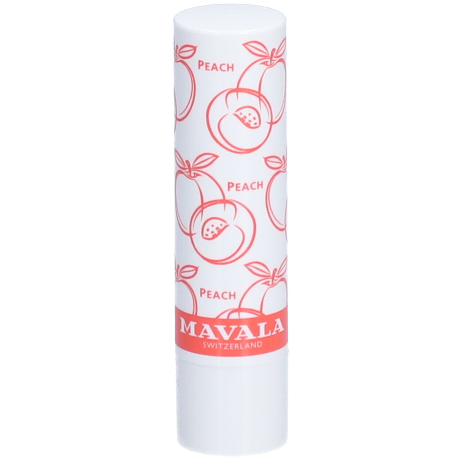 Weißer Lippenbalsam-Stift mit Pfirsich-Motiv und roter Schrift. Aufschrift: PEACH, MAVALA SWITZERLAND.