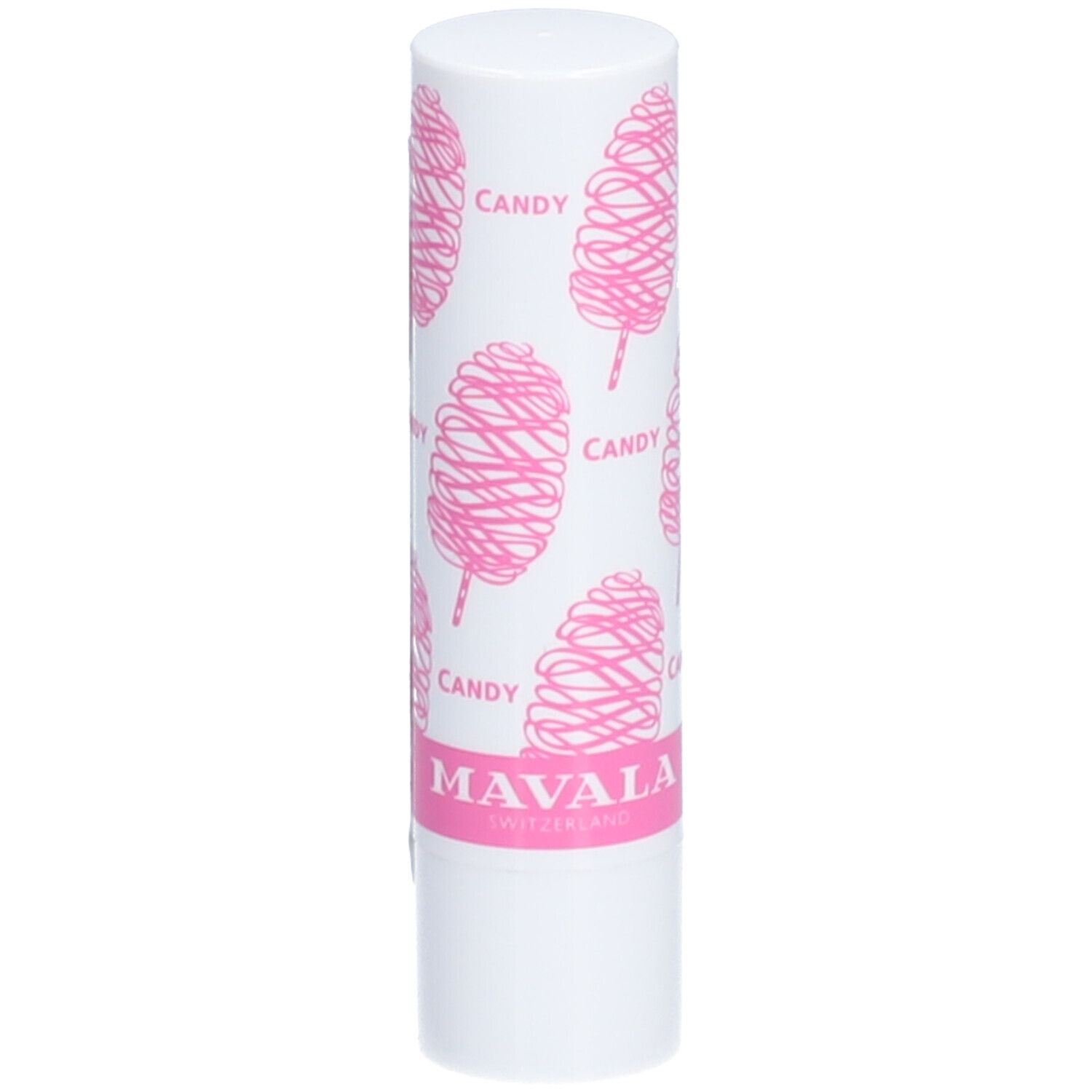 Bâton de baume à lèvres blanc avec motif barbe à papa rose et inscription "CANDY". Marque : MAVALA.