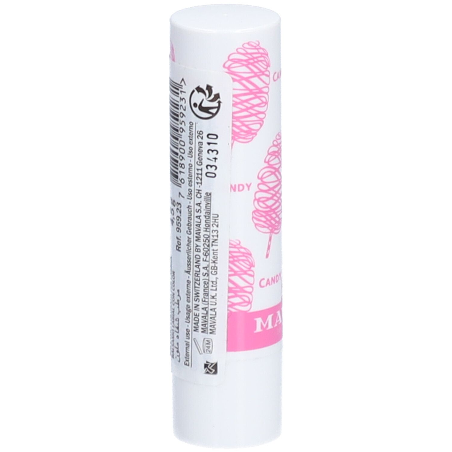 Bâton de baume à lèvres blanc avec motif barbe à papa rose. Dos avec texte et code-barres. Marque : MAVALA.