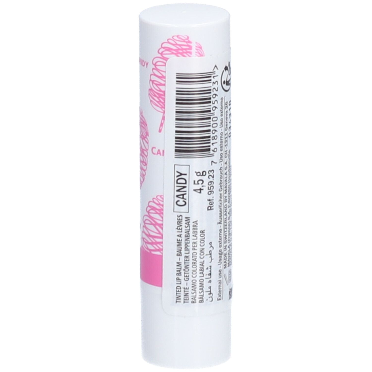 Bâton de baume à lèvres blanc avec motif barbe à papa rose. Texte : baume à lèvres teinté, 4,5g. Marque : MAVALA.