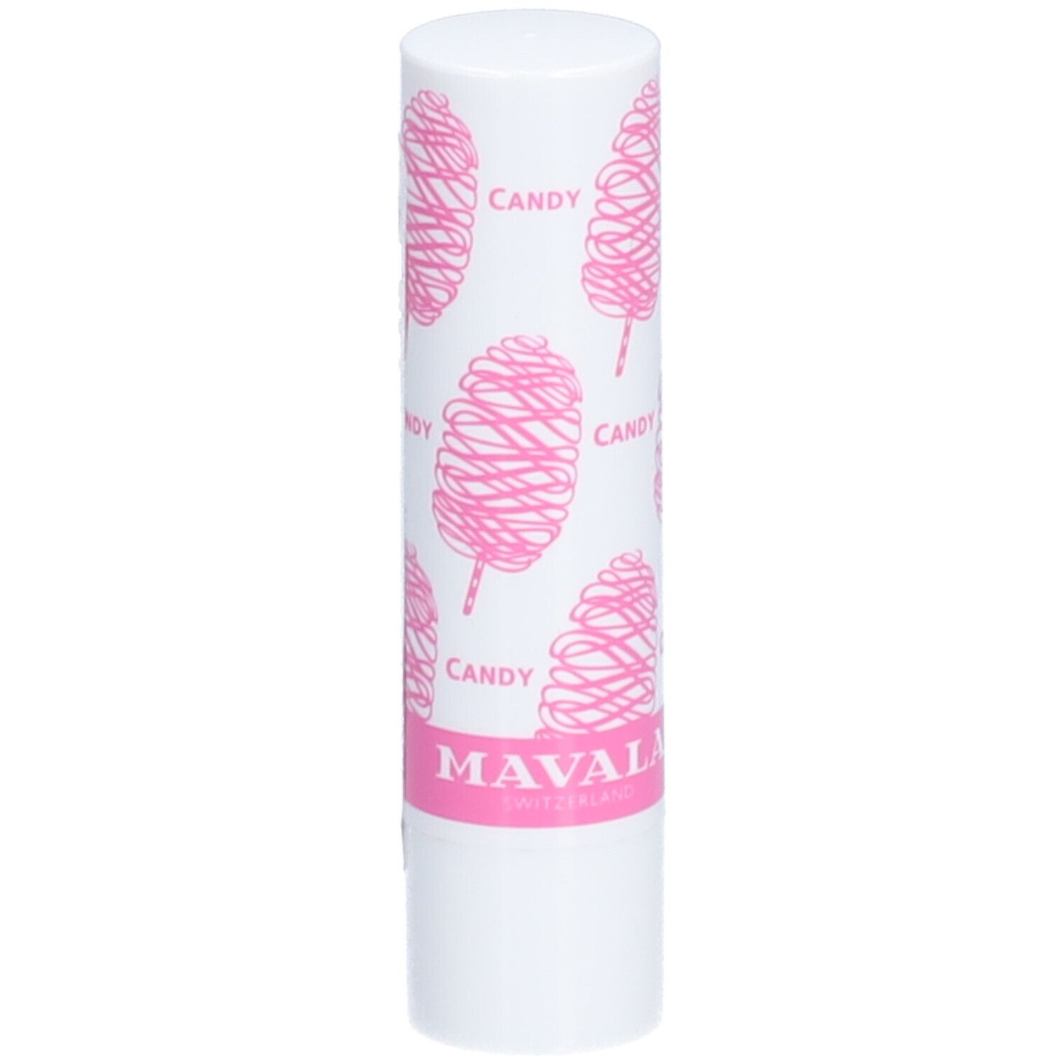 Bâton de baume à lèvres blanc avec motif barbe à papa rose et inscription "CANDY". Marque : MAVALA.