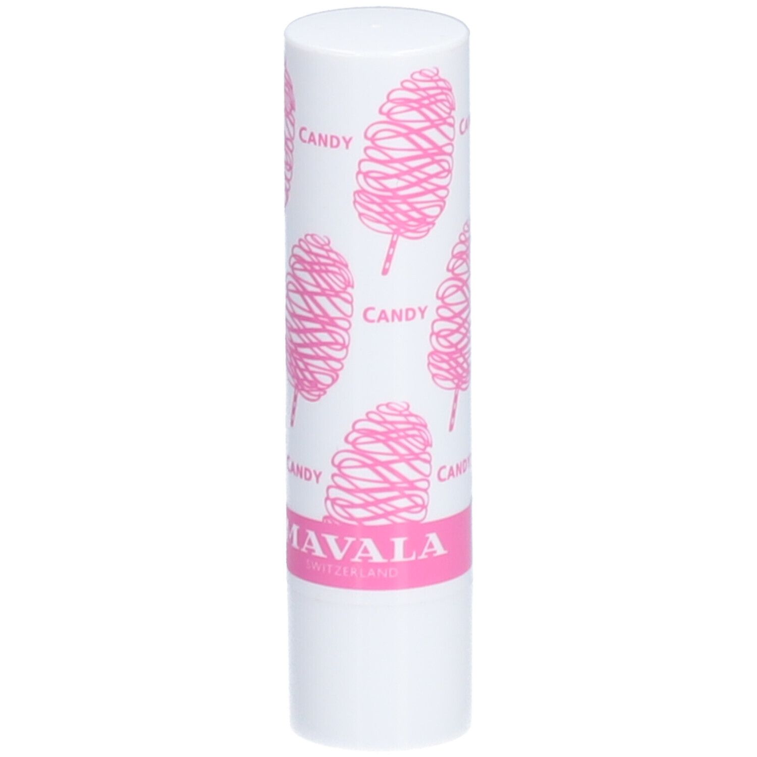 Bâton de baume à lèvres blanc avec motif barbe à papa rose et inscription "CANDY". Marque : MAVALA.