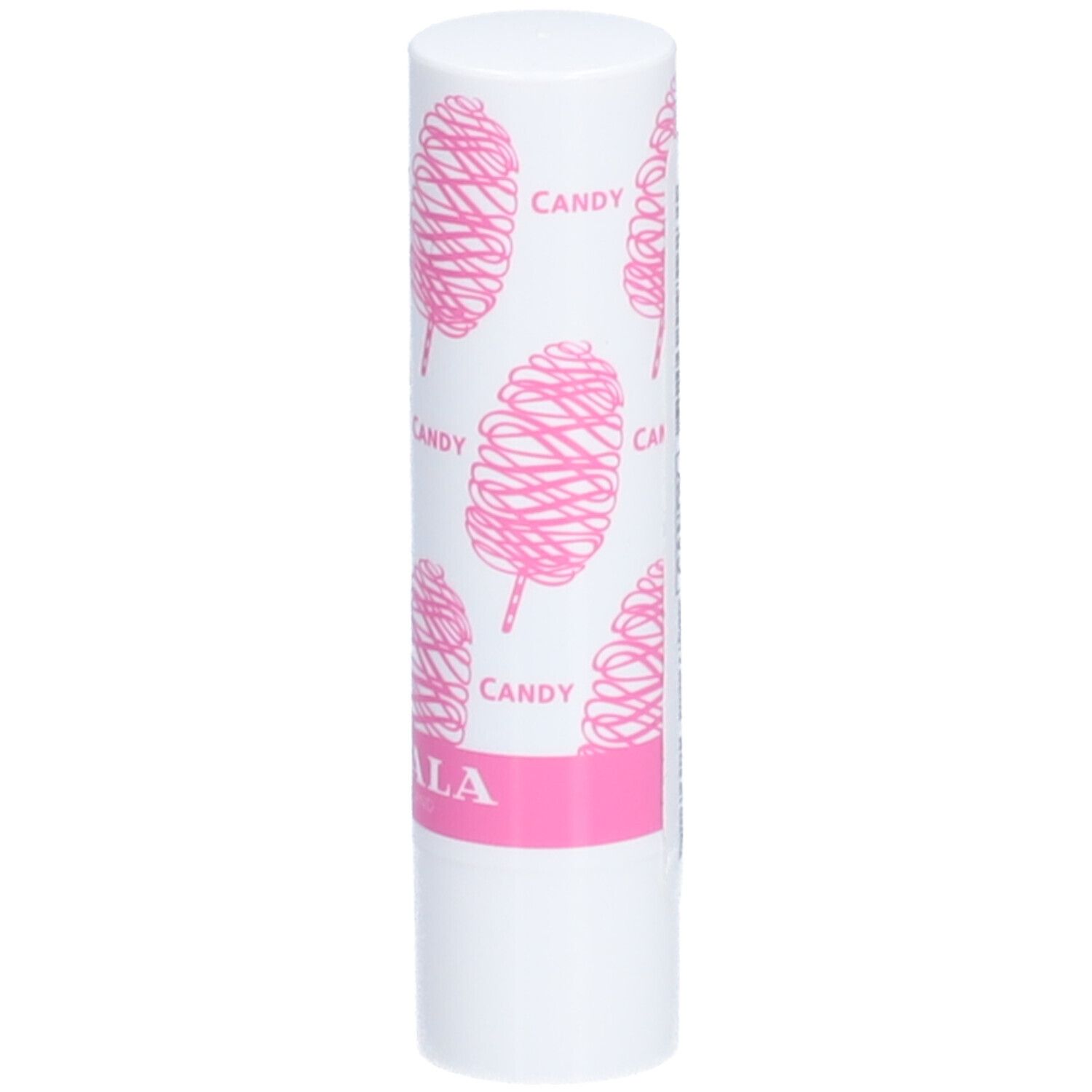 Bâton de baume à lèvres blanc avec motif barbe à papa rose et inscription "CANDY". Marque : MAVALA.