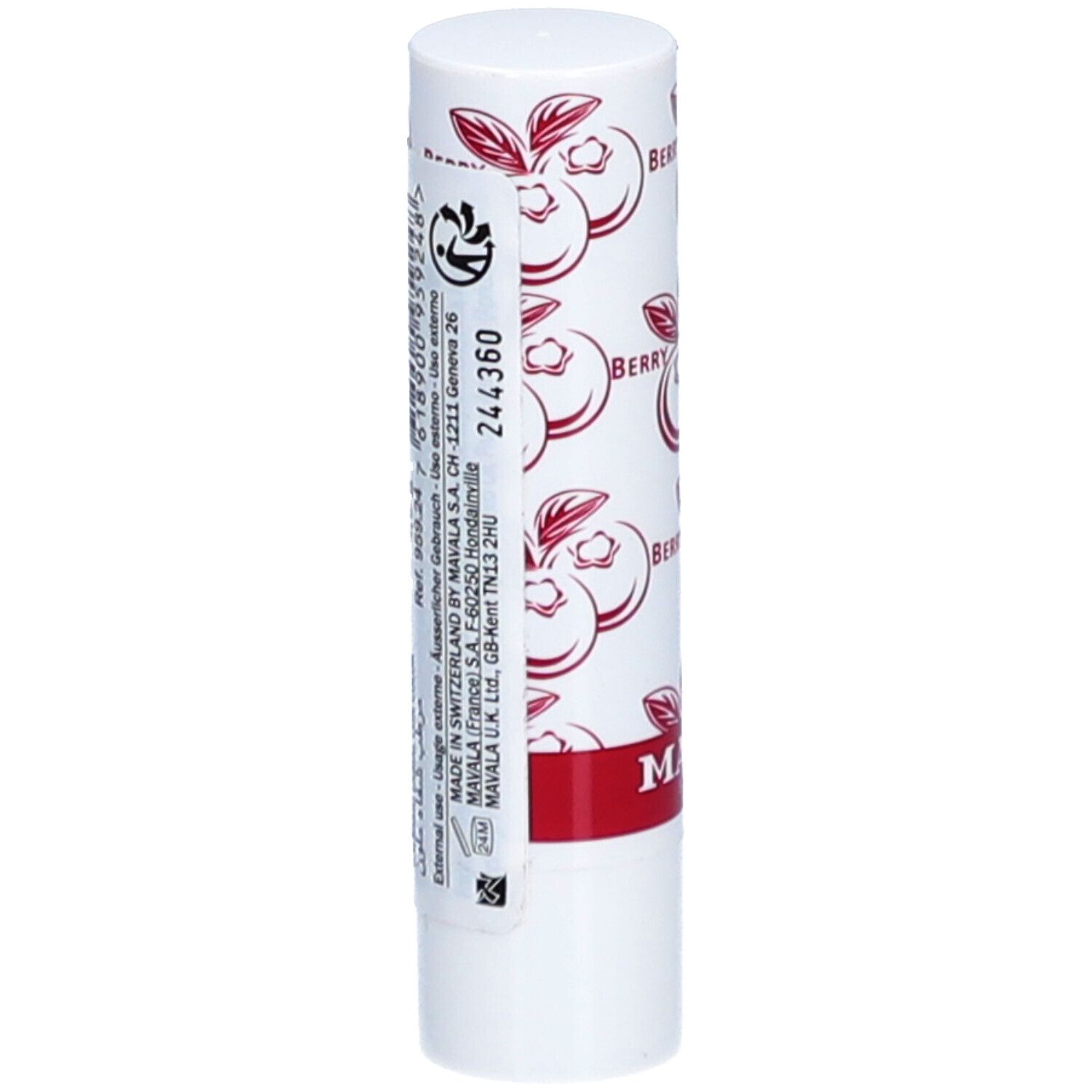 Lippenbalsam-Stift mit weißem Gehäuse, rotem Muster und Aufkleber. Marke: Mavala. Text: 244360.
