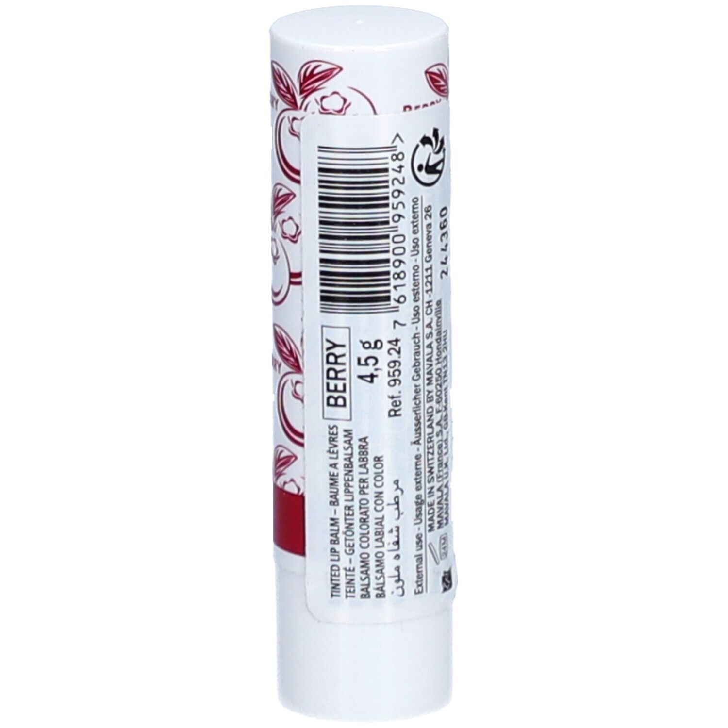 Lippenbalsam-Stift mit weißem Gehäuse, rotem Muster und Barcode. Text: Berry, 4,5g. Marke: Mavala.