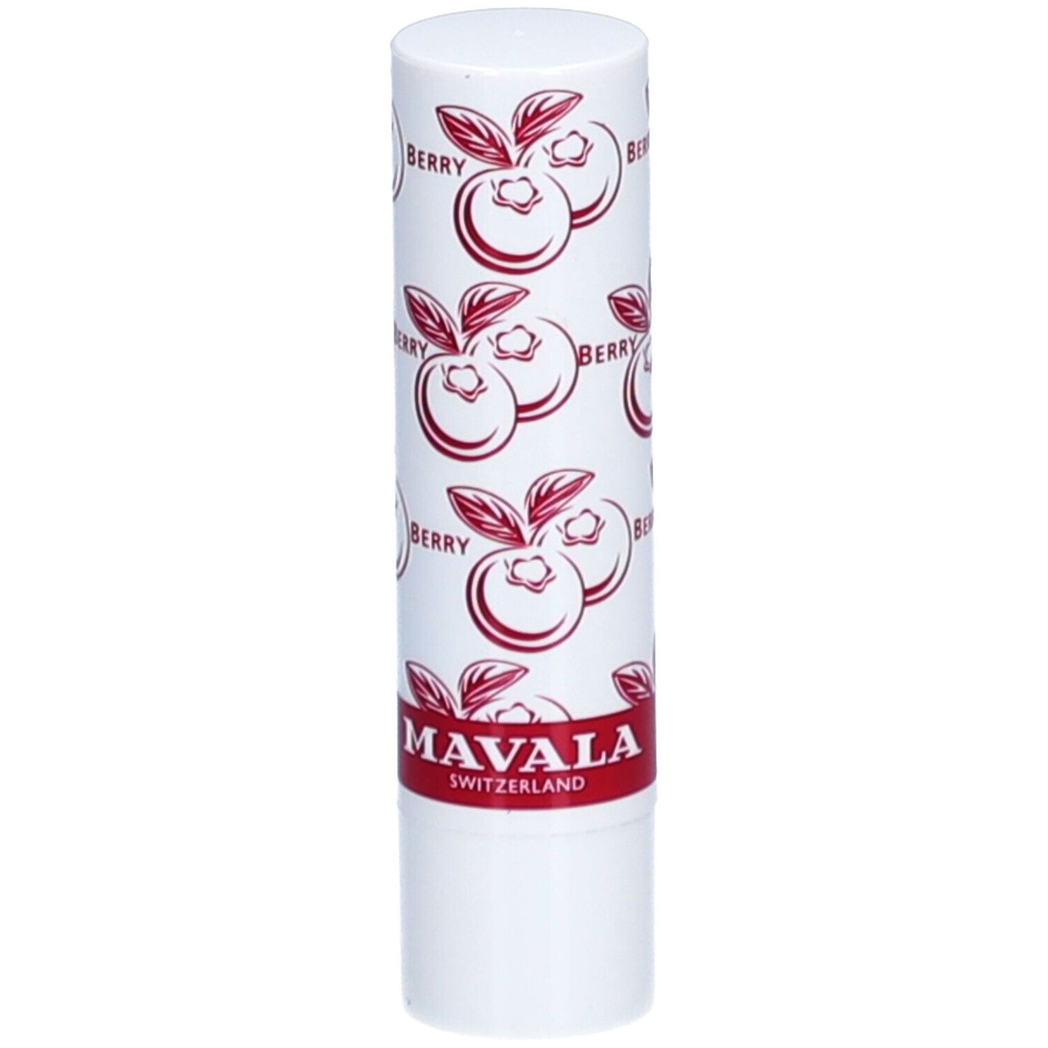 Lippenbalsam-Stift mit weißem Gehäuse, rotem Muster und Schriftzug "Berry". Marke: Mavala.