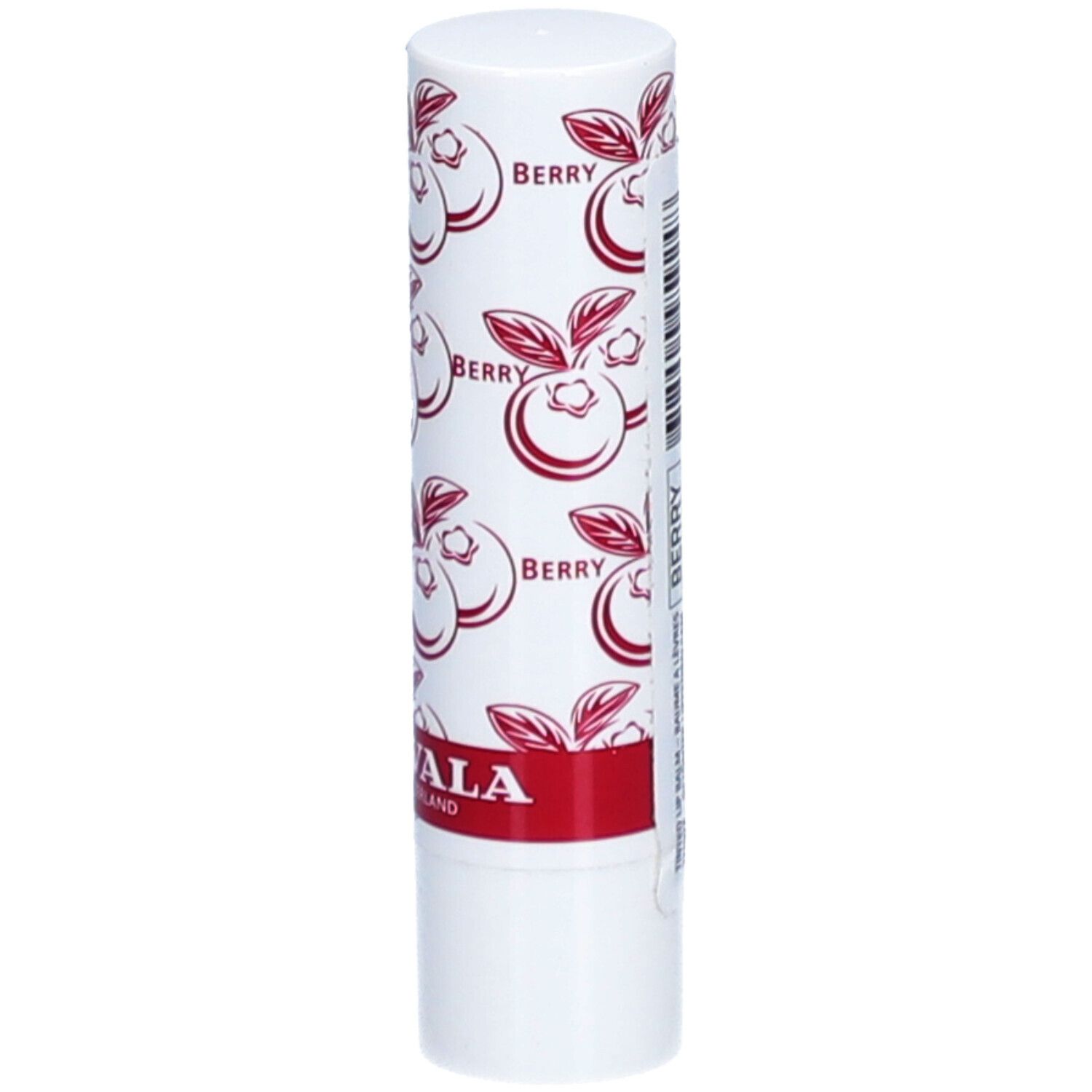 Lippenbalsam-Stift mit weißem Gehäuse, rotem Muster und Schriftzug "Berry". Marke: Mavala.