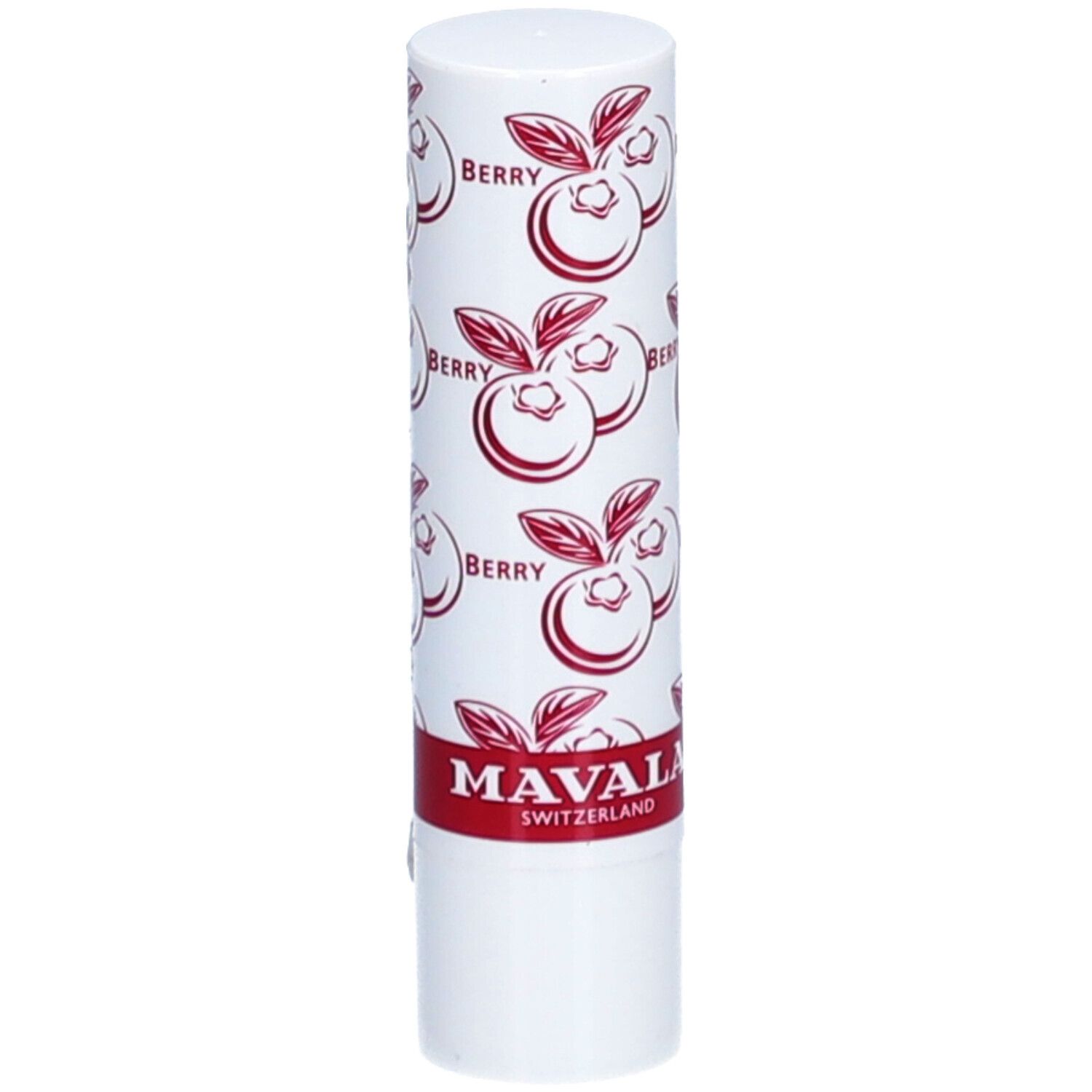 Lippenbalsam-Stift mit weißem Gehäuse, rotem Muster und Schriftzug "Berry". Marke: Mavala.