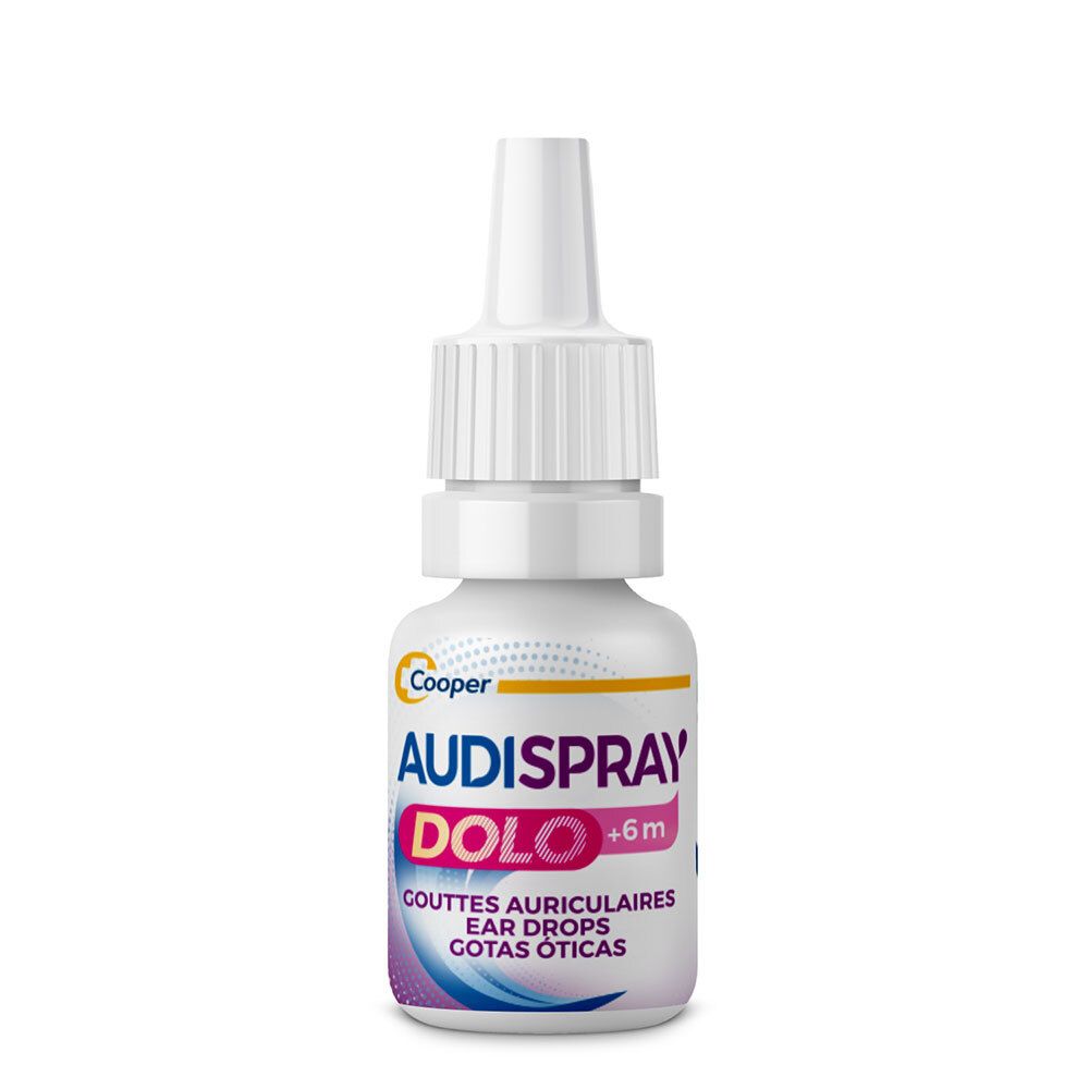 Flacon blanc AUDISPRAY DOLO, gouttes auriculaires. Contient gouttes auriculaires. Dès 6 mois.