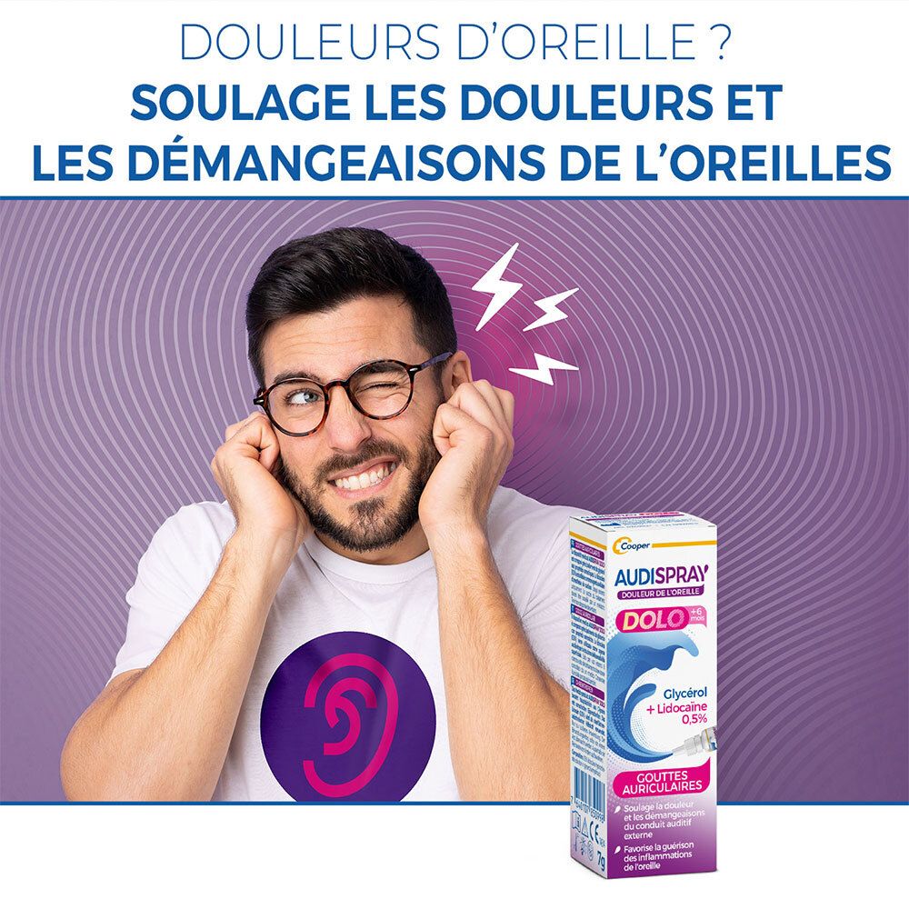 Homme se tient l'oreille. Texte : Douleurs d'oreille ? Soulage douleurs et démangeaisons.