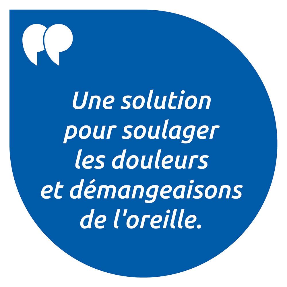 Ovale bleu avec texte : Une solution pour soulager douleurs et démangeaisons de l'oreille.