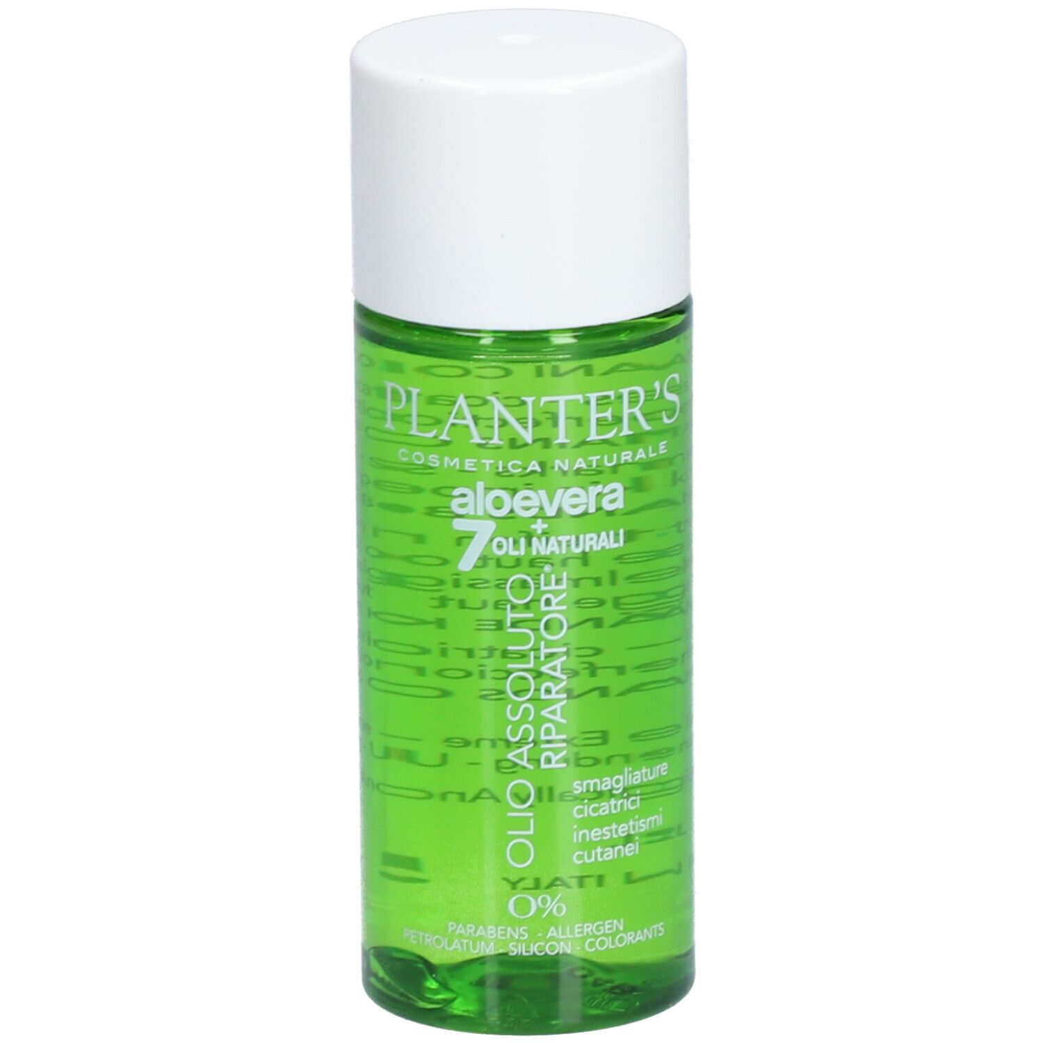 Flacon vert avec bouchon blanc. Inscription: Planter's, Aloe Vera, 7 huiles. Texte: Huile Absolue Réparatrice.