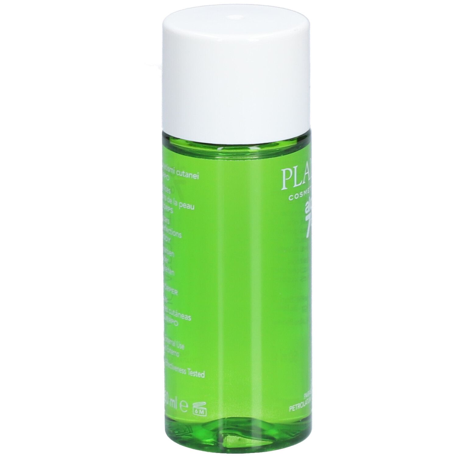Flacon vert avec bouchon blanc. Inscription: Planter's, Aloe Vera, 7 huiles. Texte sur le flacon.