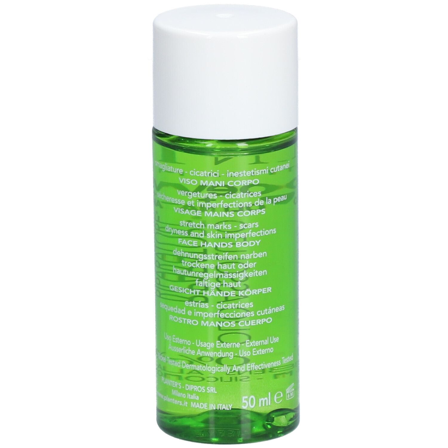 Flacon vert avec bouchon blanc. Texte: Visage Mains Corps, 50 ml, Made in Italy.