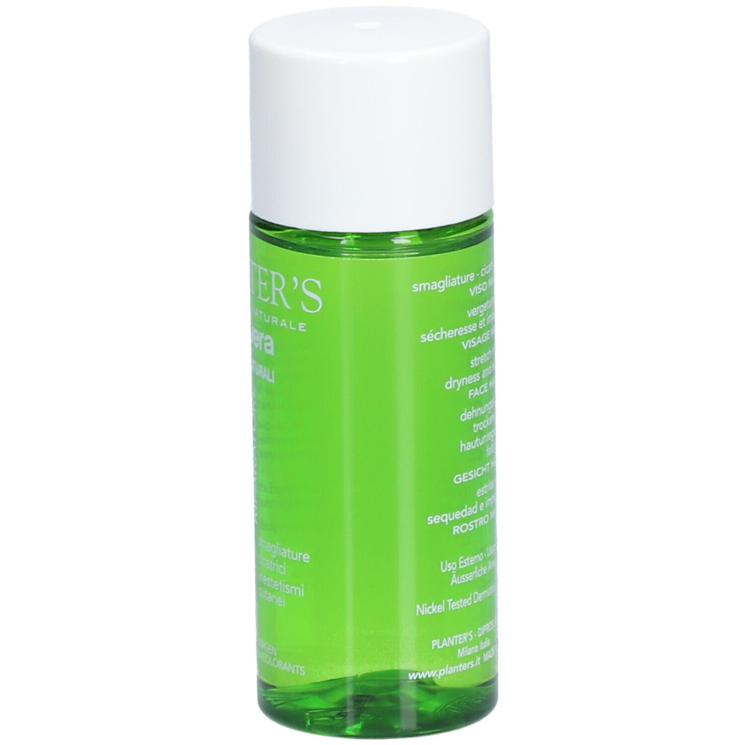 Flacon vert avec bouchon blanc. Inscription: Planter's, Aloe Vera, 7 huiles. Texte sur le flacon.