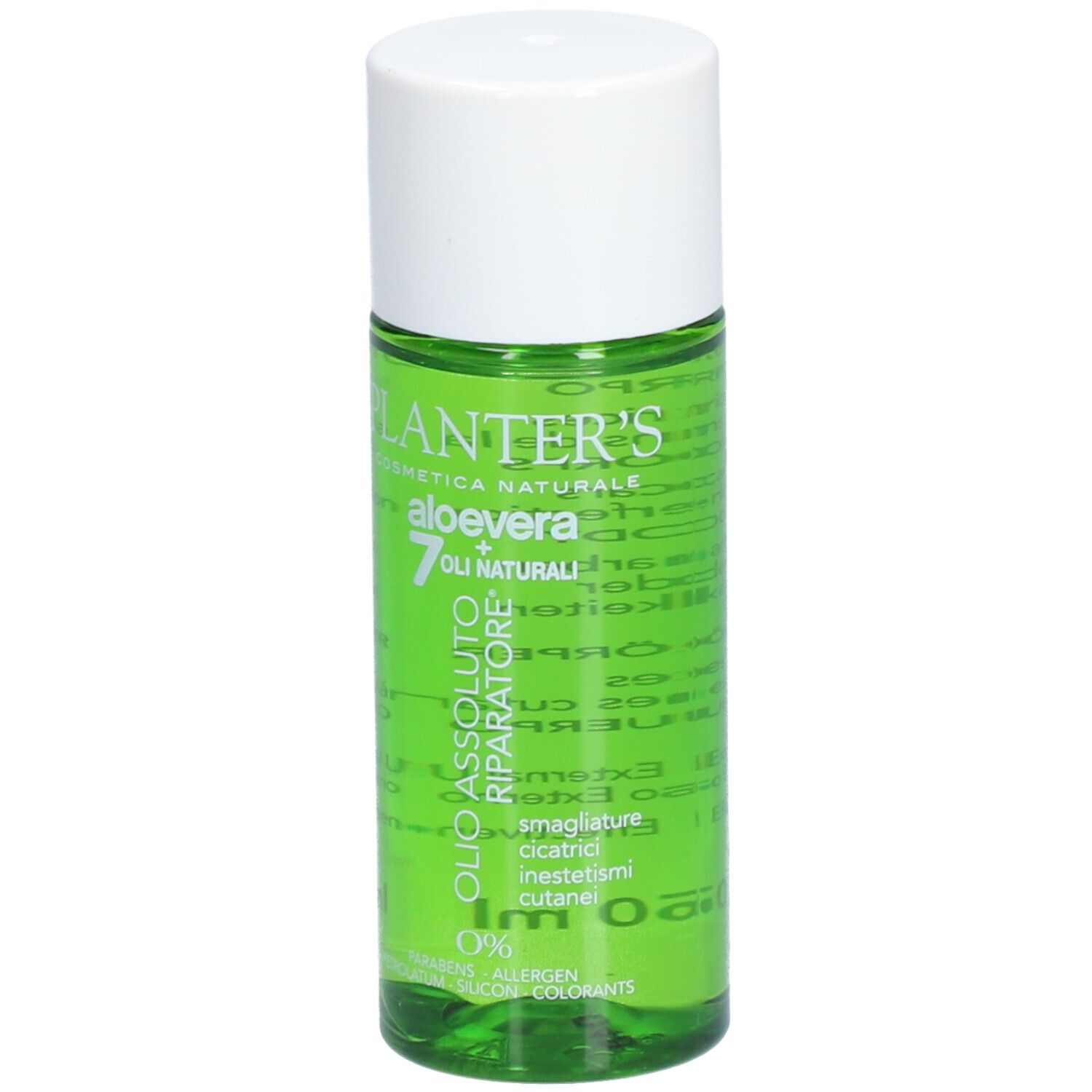 Flacon vert avec bouchon blanc. Inscription: Planter's, Aloe Vera, 7 huiles. Texte: Huile Absolue Réparatrice.