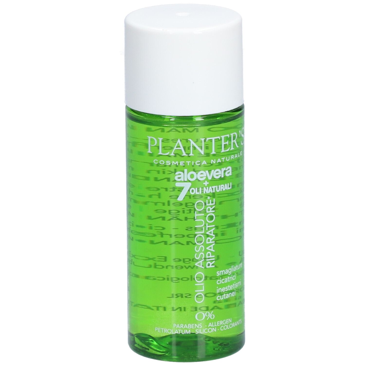 Flacon vert avec bouchon blanc. Inscription: Planter's, Aloe Vera, 7 huiles. Texte: Huile Absolue Réparatrice.