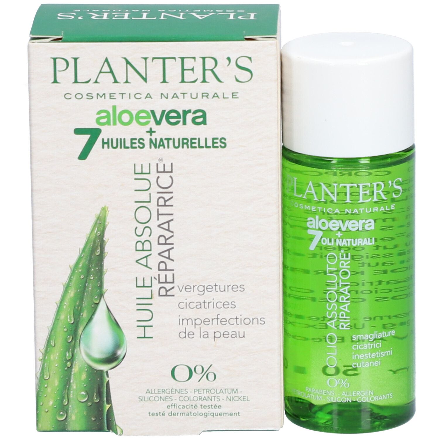 Emballage produit avec flacon. Inscription: Planter's, Aloe Vera, 7 huiles. Texte: Huile Absolue Réparatrice.