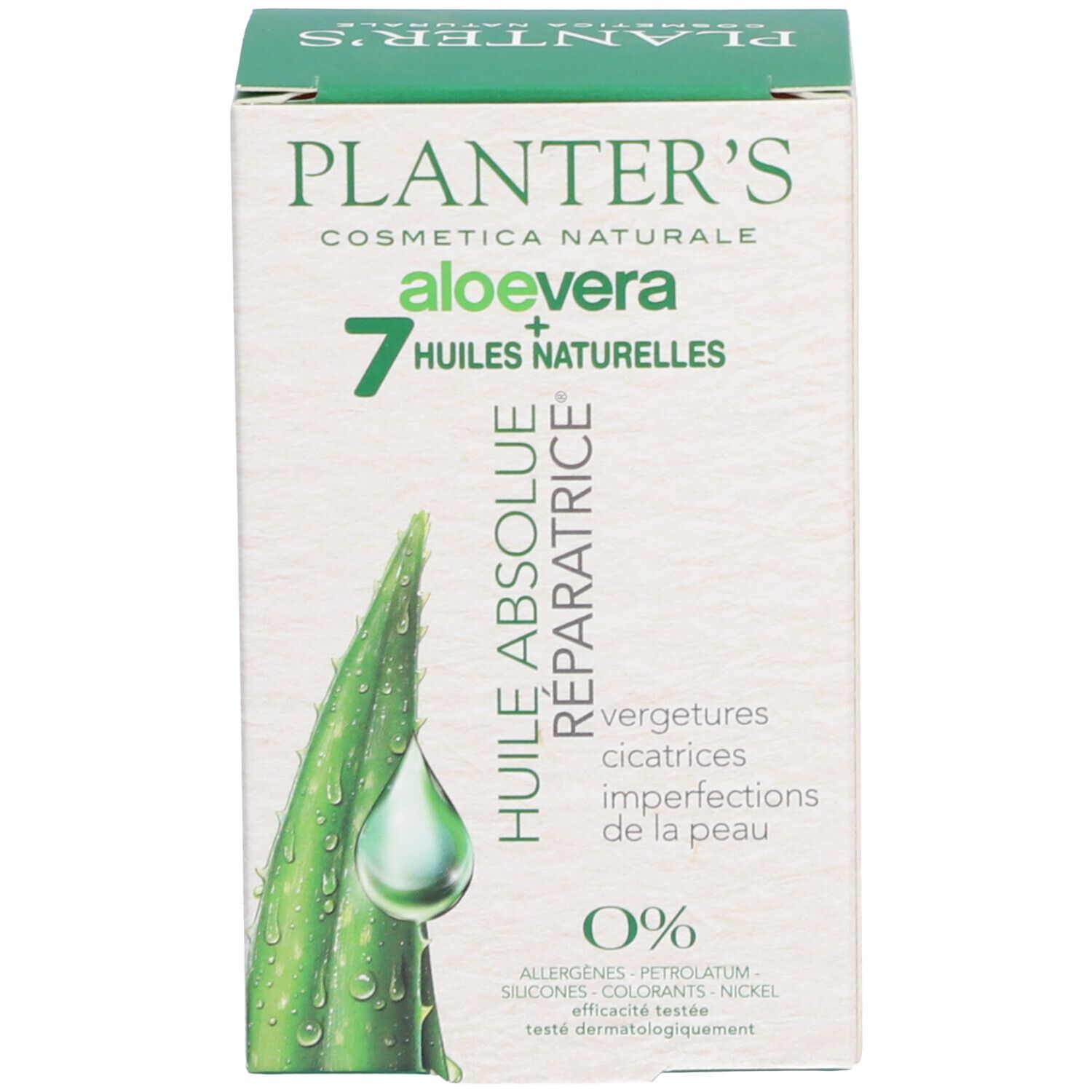 Emballage produit. Inscription: Planter's, Aloe Vera, 7 huiles. Texte: Huile Absolue Réparatrice.
