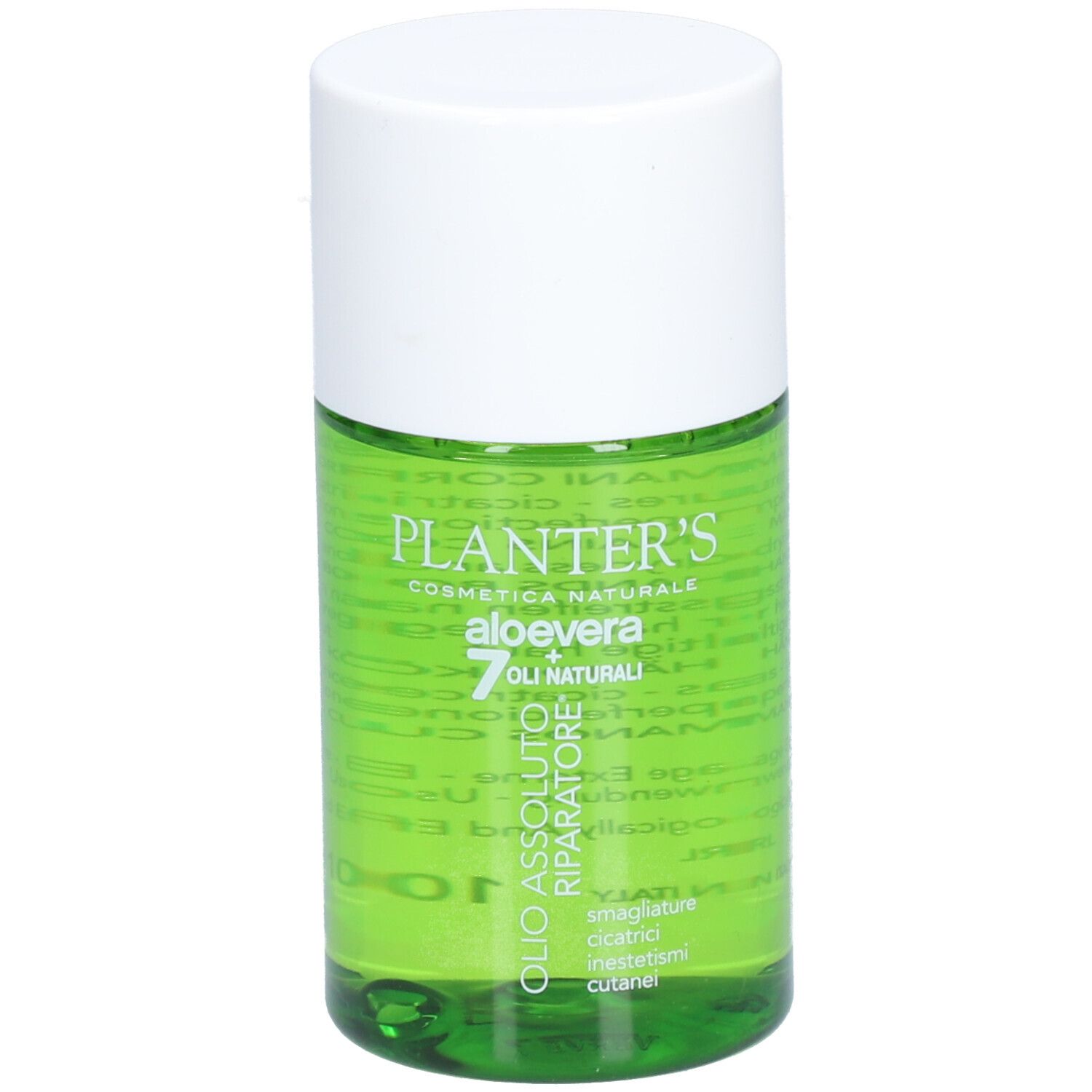 Flacon en verre vert avec bouchon blanc. Inscription: Planter's, Aloe Vera, 7 Huiles. Texte: Huile Absolue Réparatrice.