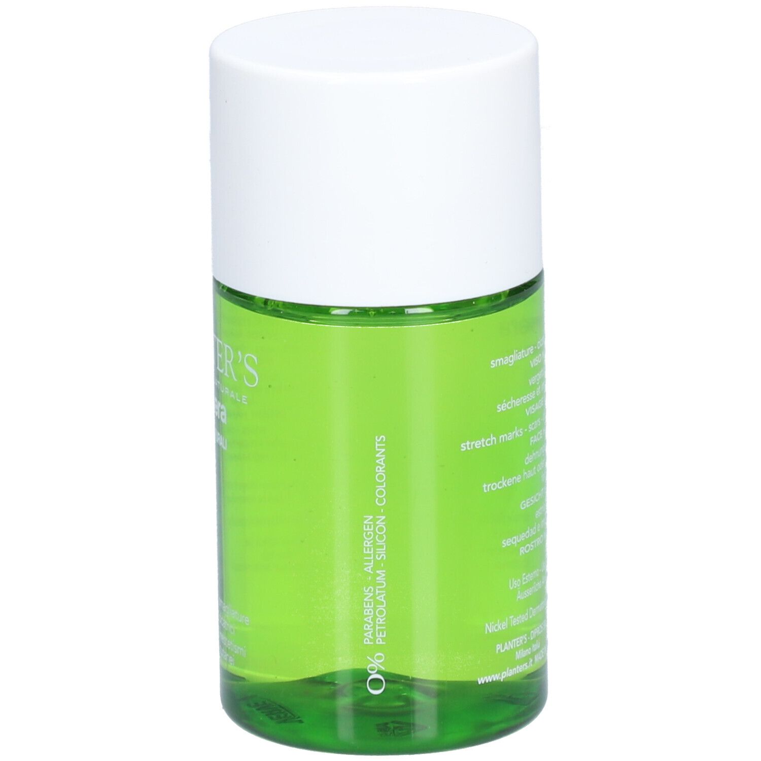 Flacon en verre vert avec bouchon blanc. Texte: Sans parabènes, allergènes, silicones, colorants, nickel. O96.